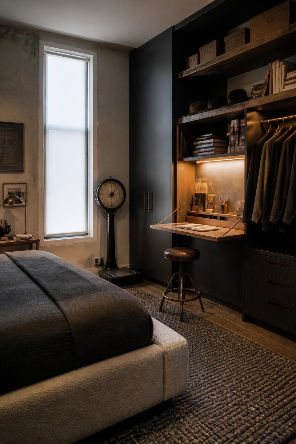 Dark bedroom with built-in closet, pull-down desk, books, hanging clothes, and bed.