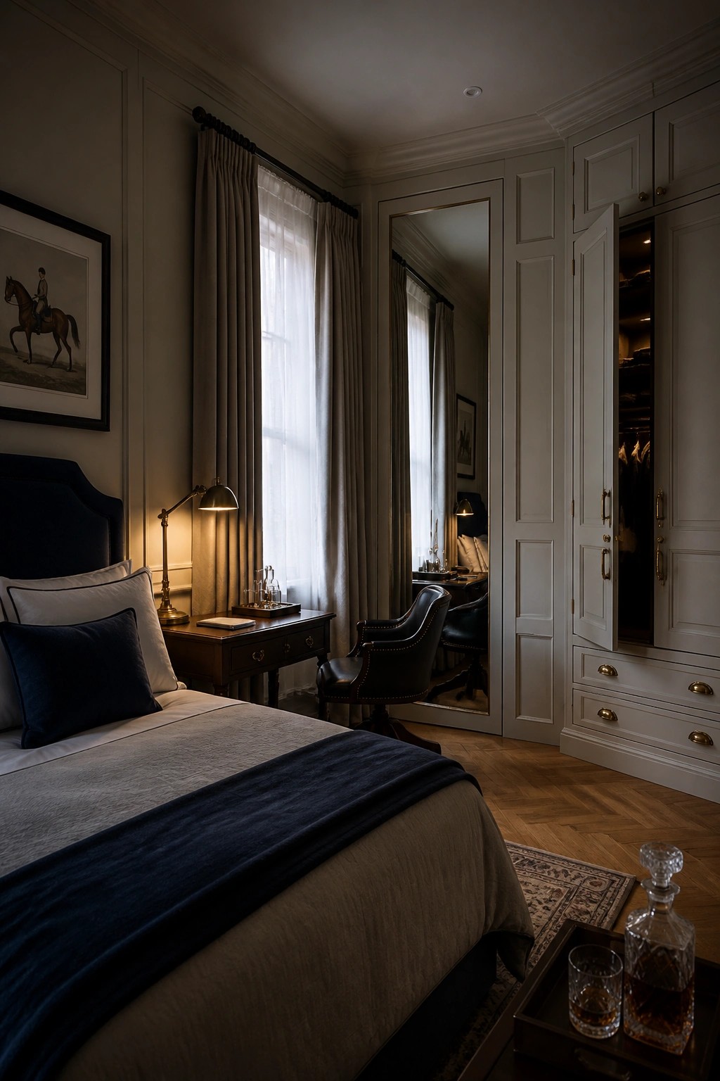 A bedroom featuring a large bed with navy and gray bedding, a wooden nightstand with a lamp, a window with layered curtains, and a tall white built-in wardrobe with open doors showing shelves and hanging space plus a central full-length mirror.