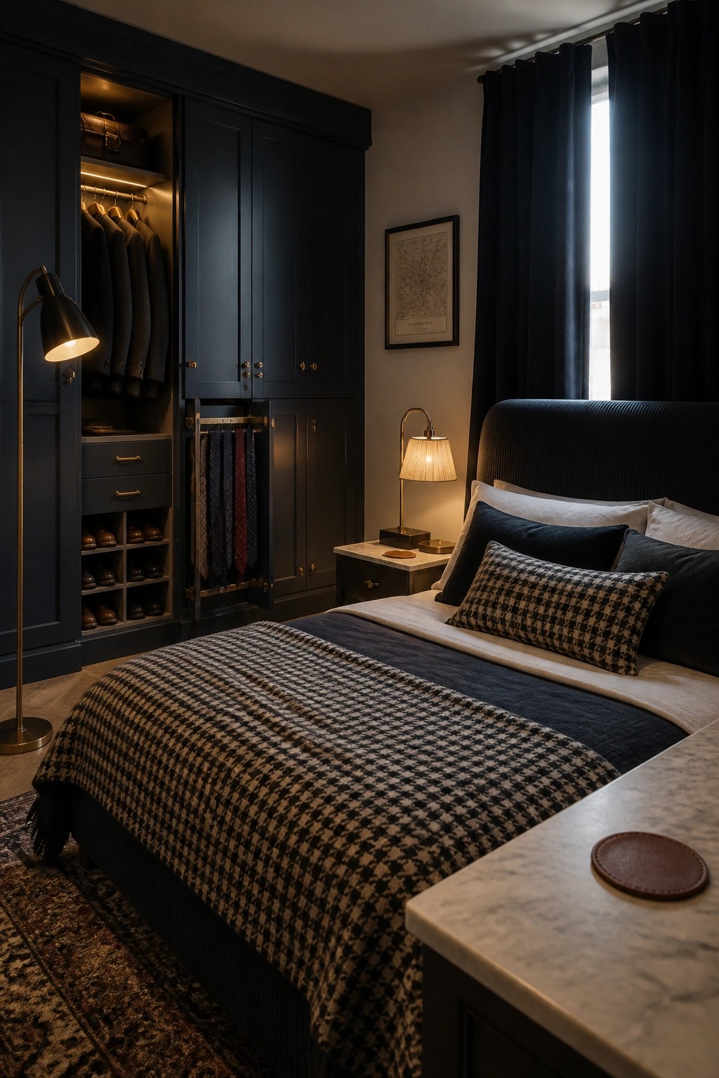 Dark navy bedroom with open closet of suits, ties, and houndstooth bedding.