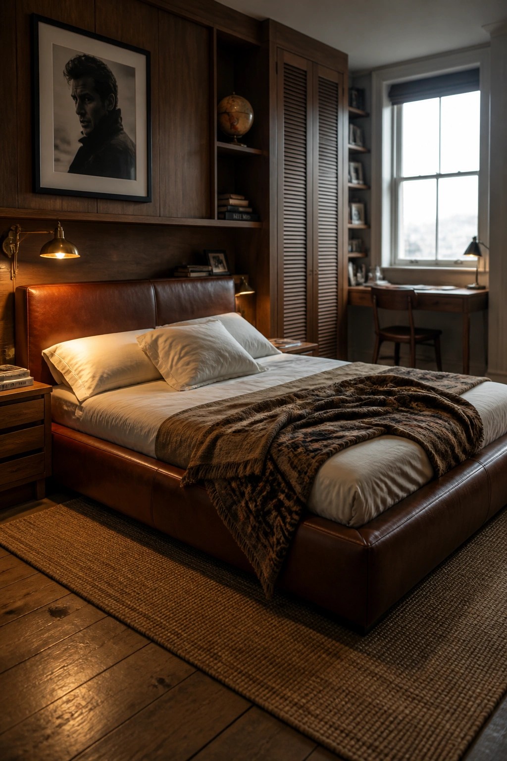 A bedroom with a brown leather bed, white bedding, and a brown throw blanket, set against dark wood built-in cabinets and open shelves holding books and a globe, with a desk visible near a window.