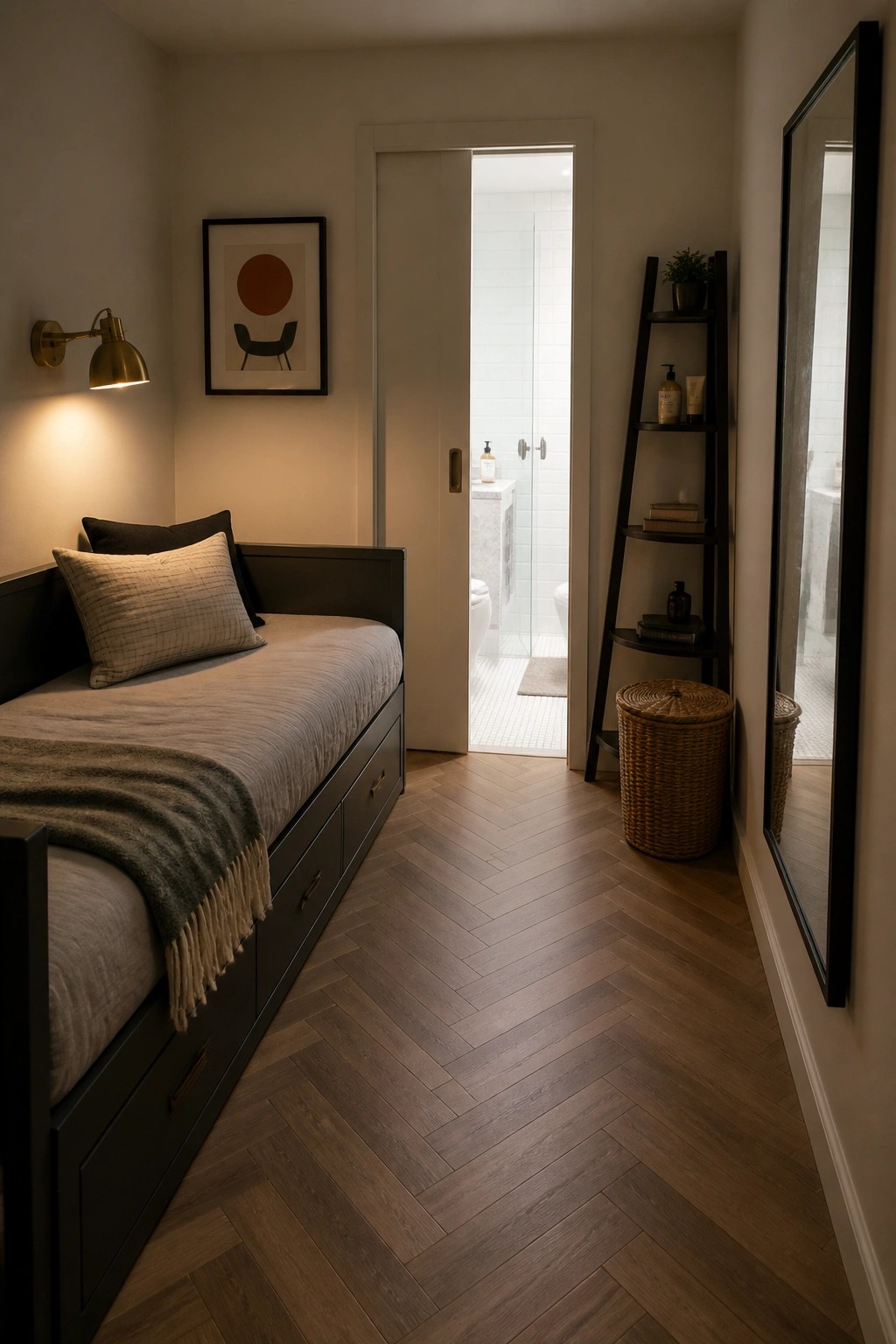 A narrow bedroom featuring a dark daybed with storage drawers, a wall sconce, framed art, and an open door revealing a white-tiled bathroom.