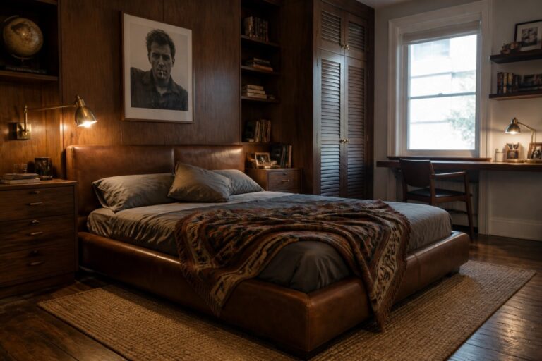 22 Functional Gentleman Bedroom Ideas with Smart Layout Solutions A bedroom with a brown leather bed, white bedding, and a brown throw blanket, set against dark wood built-in cabinets and open shelves holding books and a globe, with a desk visible near a window.