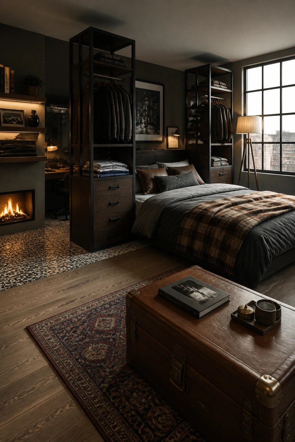 A masculine bedroom with a bed centered between two tall dark storage units that have open hanging space, shelves, and drawers, plus a fireplace on the left wall.