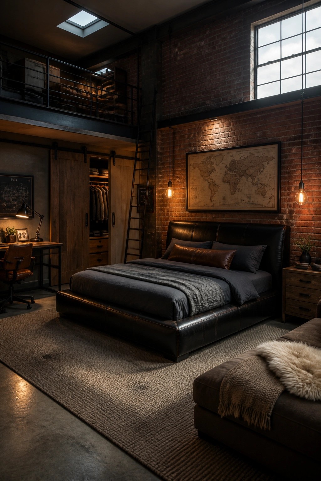 Industrial-style bedroom with a large leather bed, brick walls, open closet, desk area, and a loft level reached by a black ladder.
