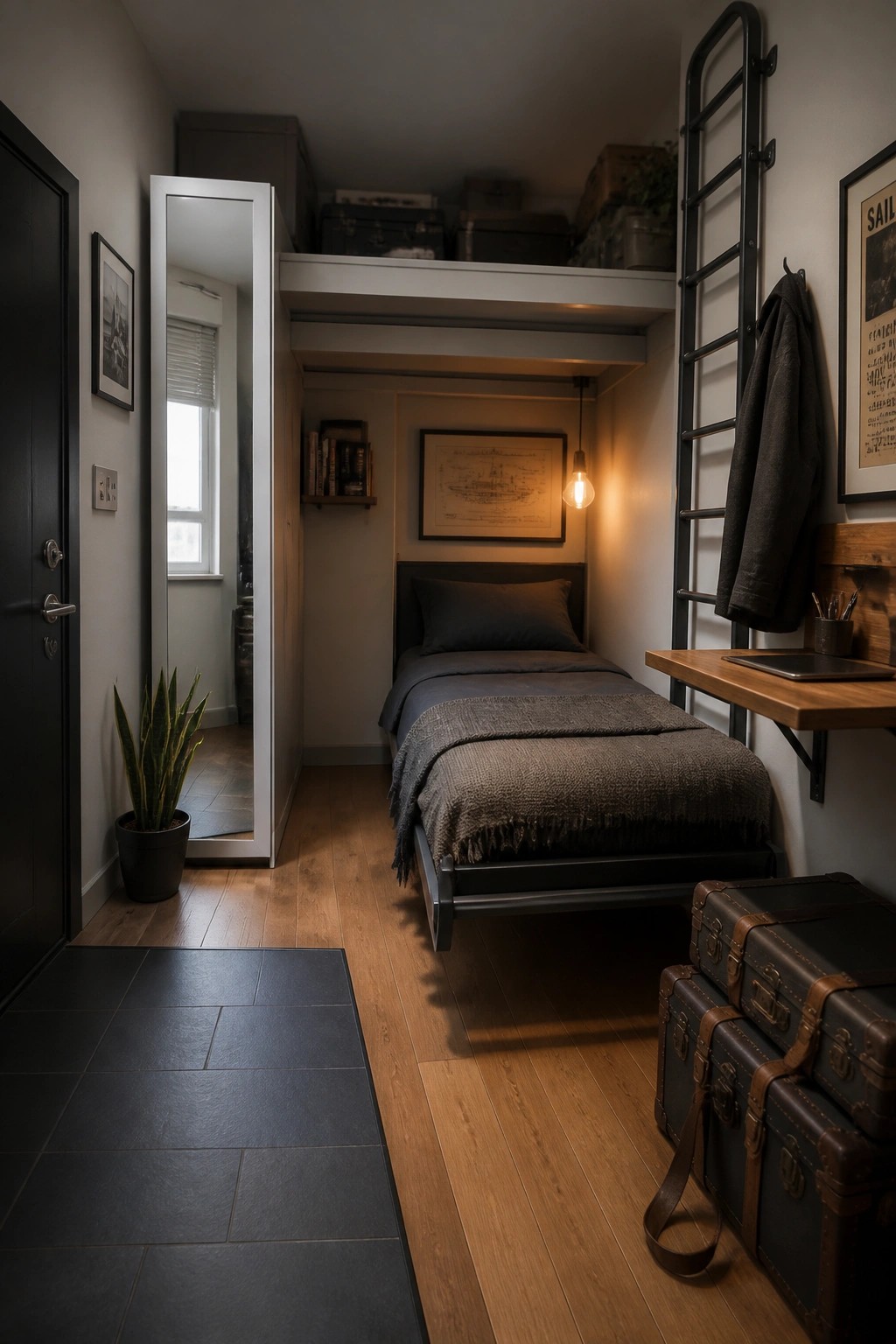 A narrow bedroom with a raised bed on a dark frame, black ladder on the right wall, storage trunks on the floor, and a wall-mounted wooden desk.