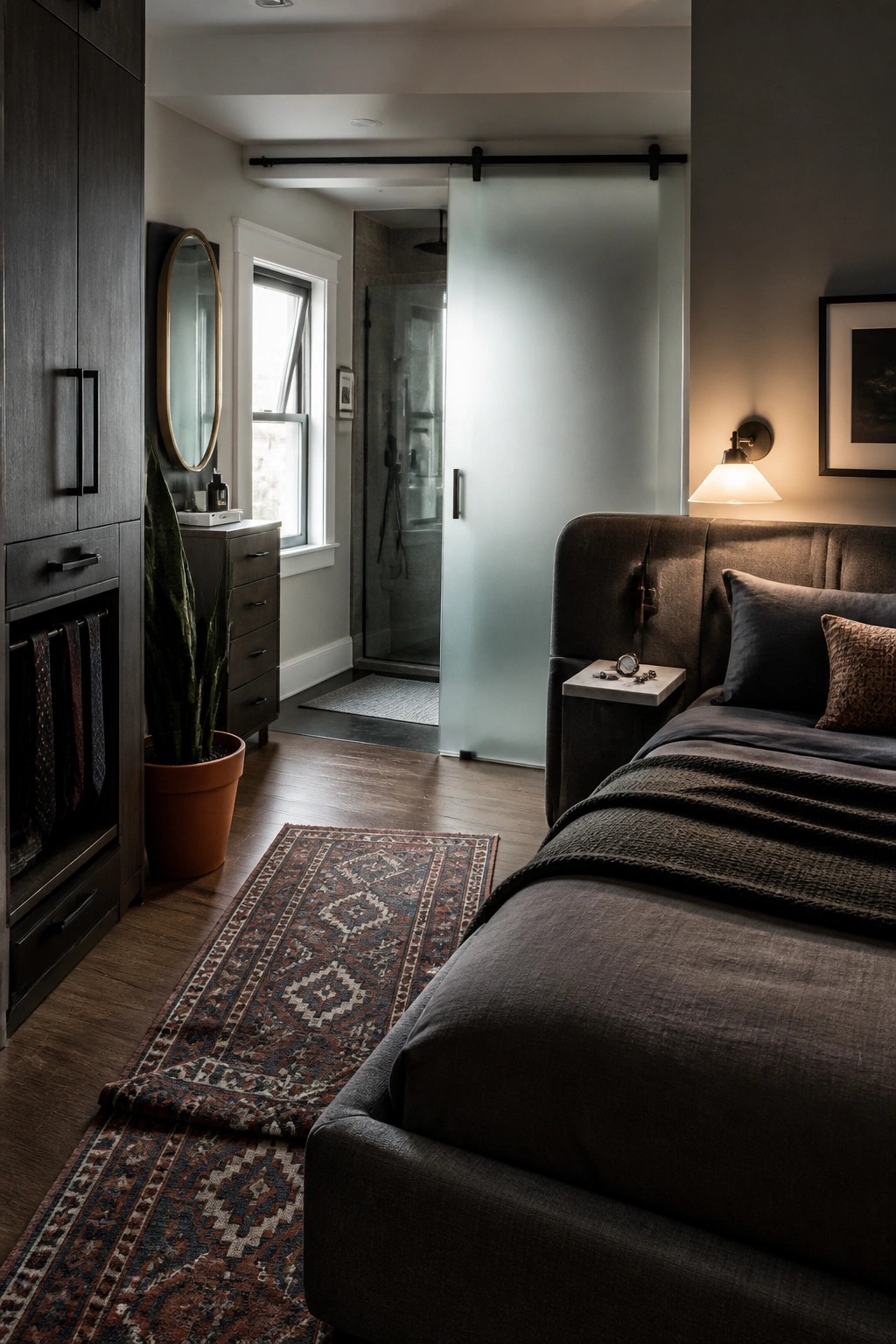A bedroom with a dark upholstered bed next to a frosted sliding glass door that opens to a bathroom with a visible shower.