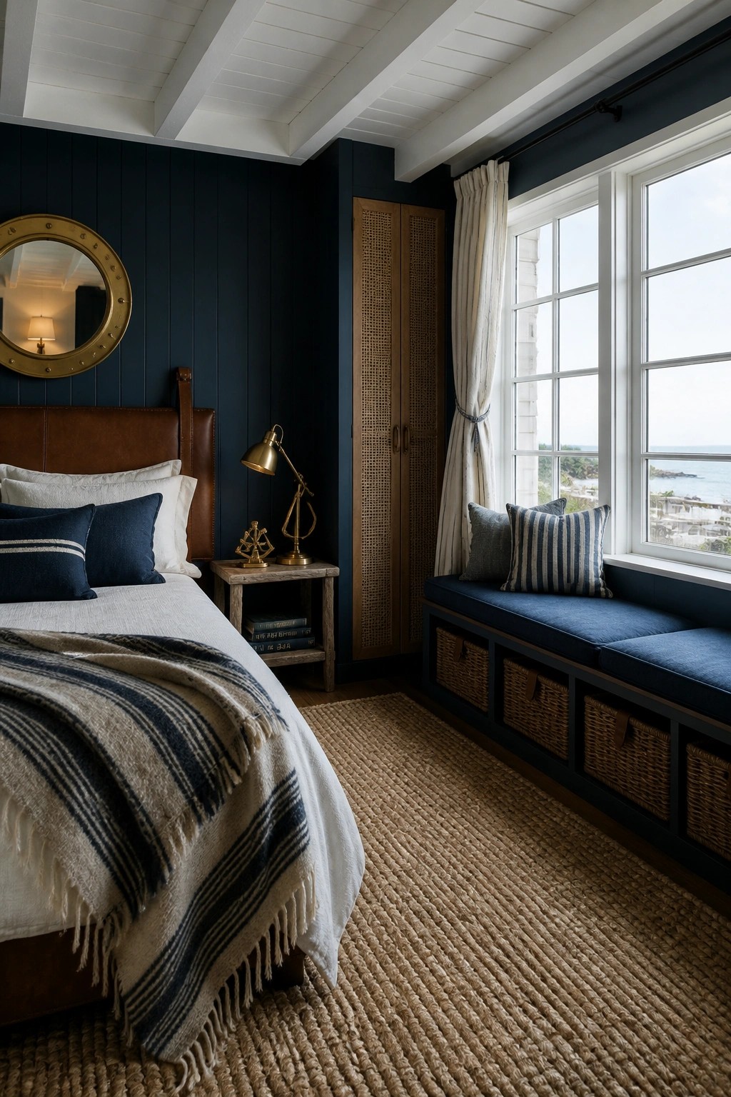 A bedroom interior showing a bed with a brown leather headboard on the left and a navy blue window seat with striped pillows and woven storage baskets beneath a large multi-paned window on the right.
