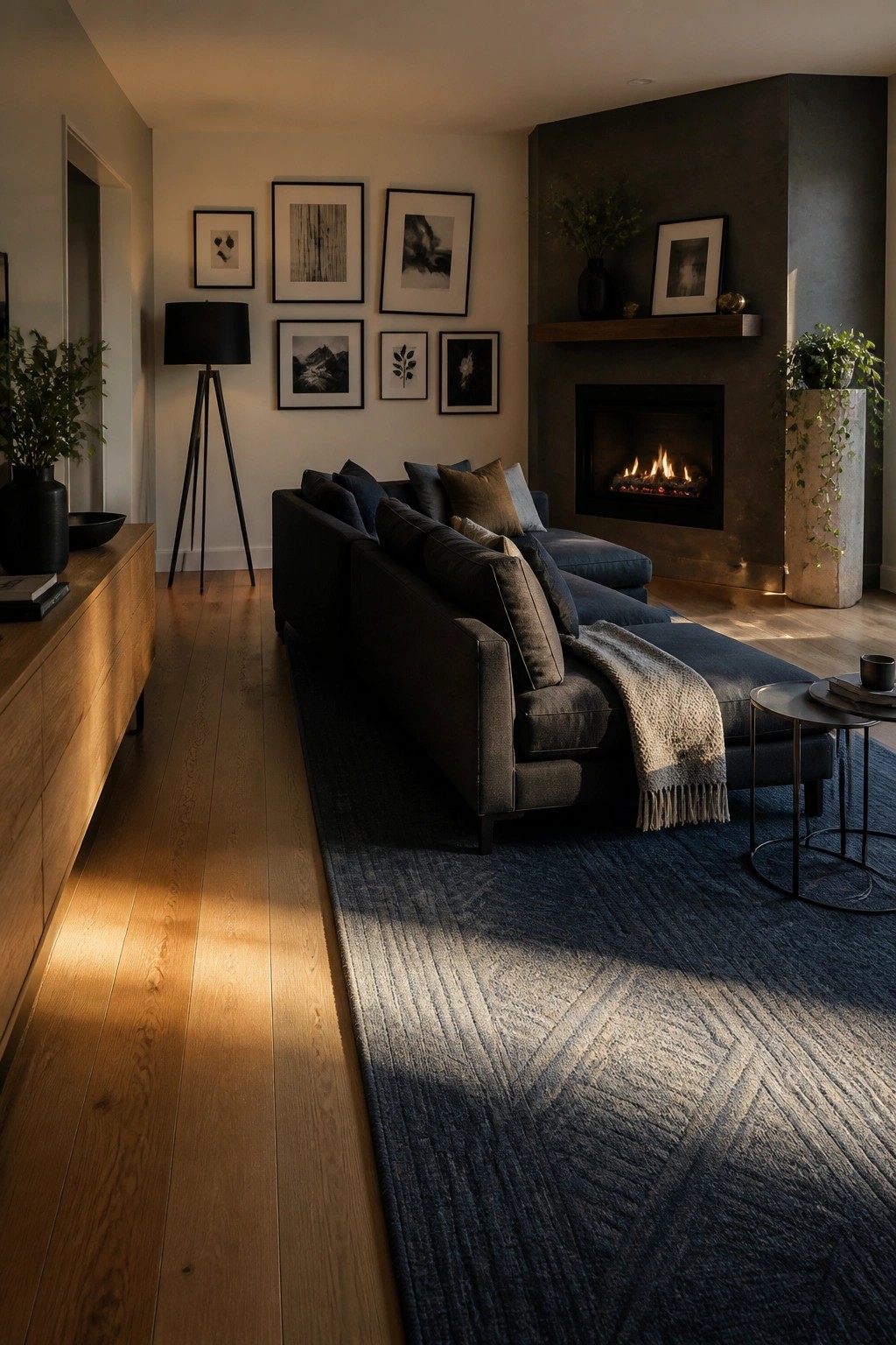 A living room featuring a dark sectional sofa on a large blue patterned rug, with a fireplace and gallery wall in the background.