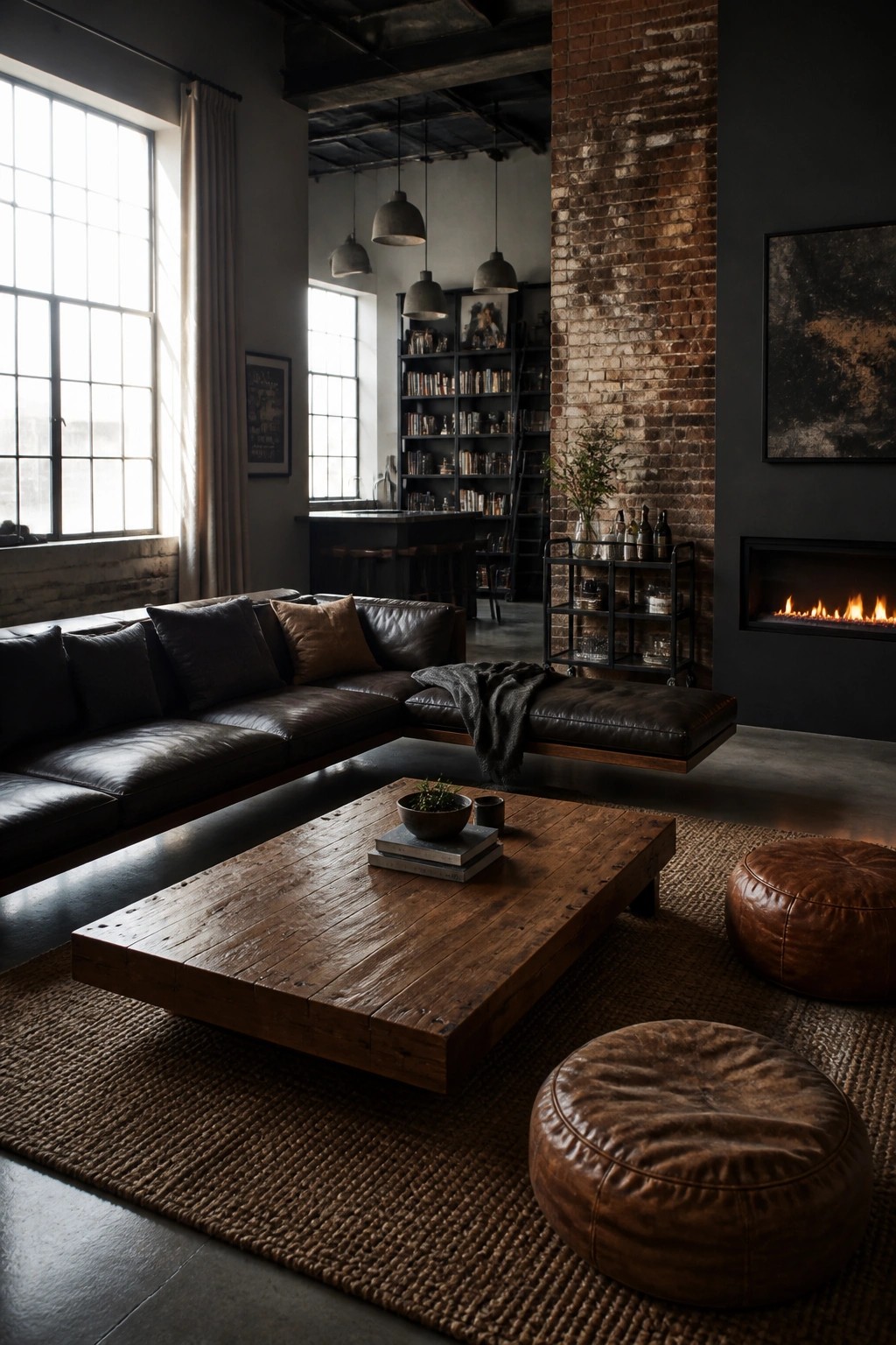 A spacious industrial living room with a dark brown leather L-shaped sectional sofa centered on a large woven rug, a rustic wooden coffee table, and a brick wall with a built-in fireplace.