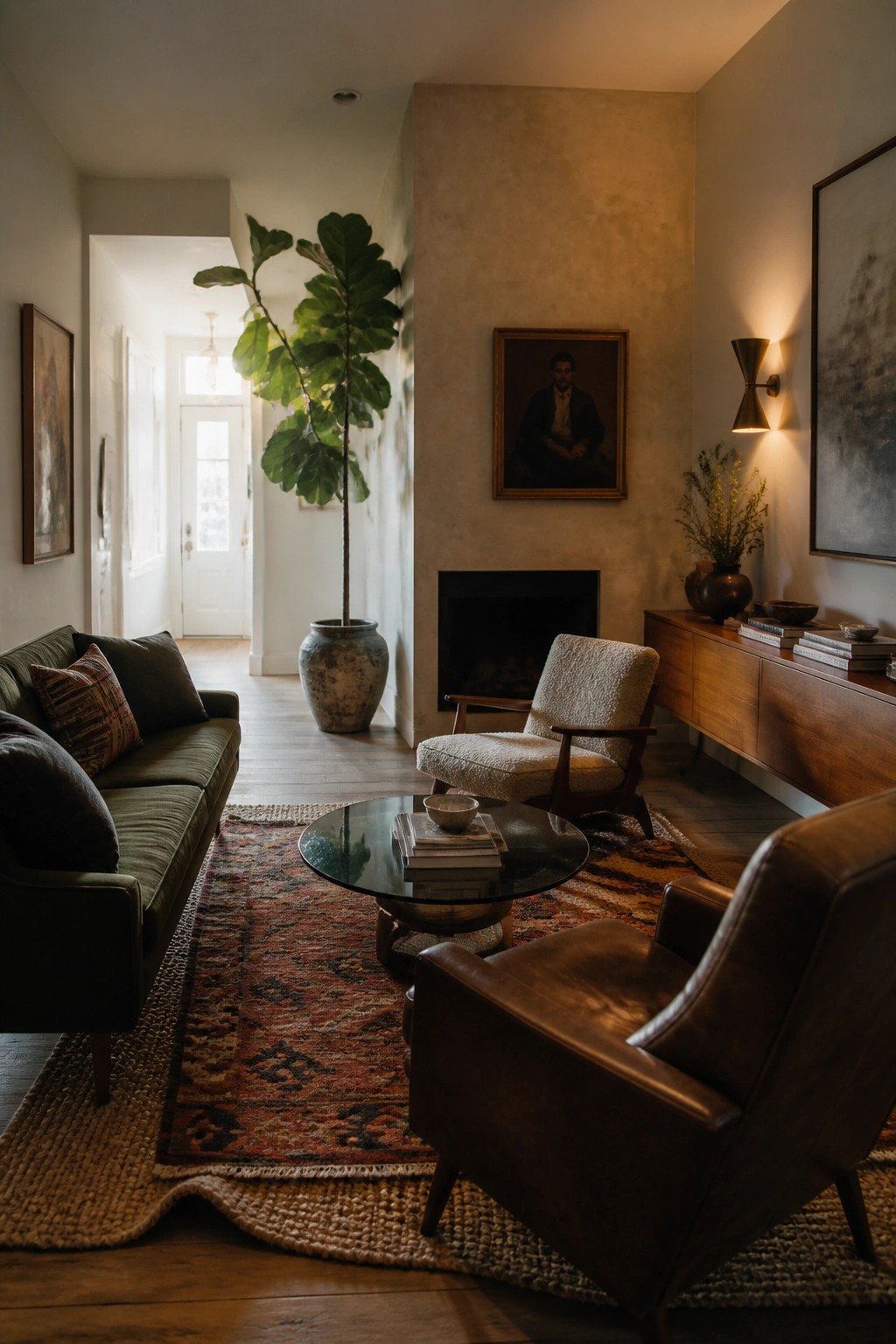 A living room with a green sofa on the left, a brown leather chair in the foreground, a white boucle chair near the fireplace, and a round glass coffee table centered on a patterned rug.