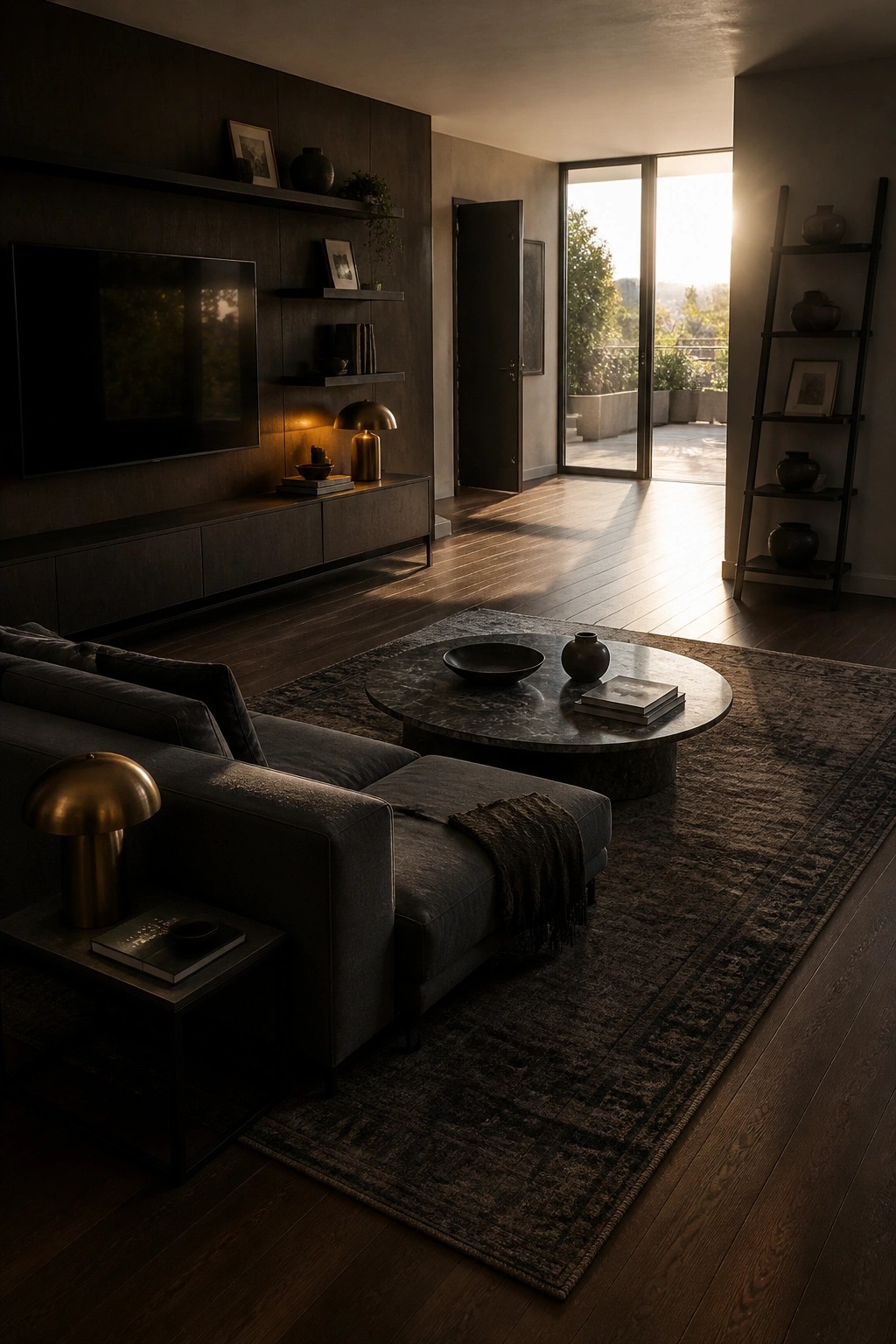 Modern living room with dark sectional sofa, round marble table, and sunlit glass doors.