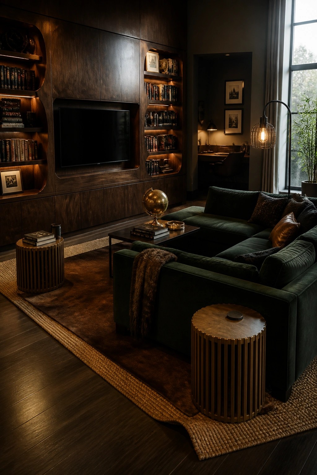 A dark masculine living room with built-in wood shelving around a television, a green sectional sofa, and round side tables on layered rugs.