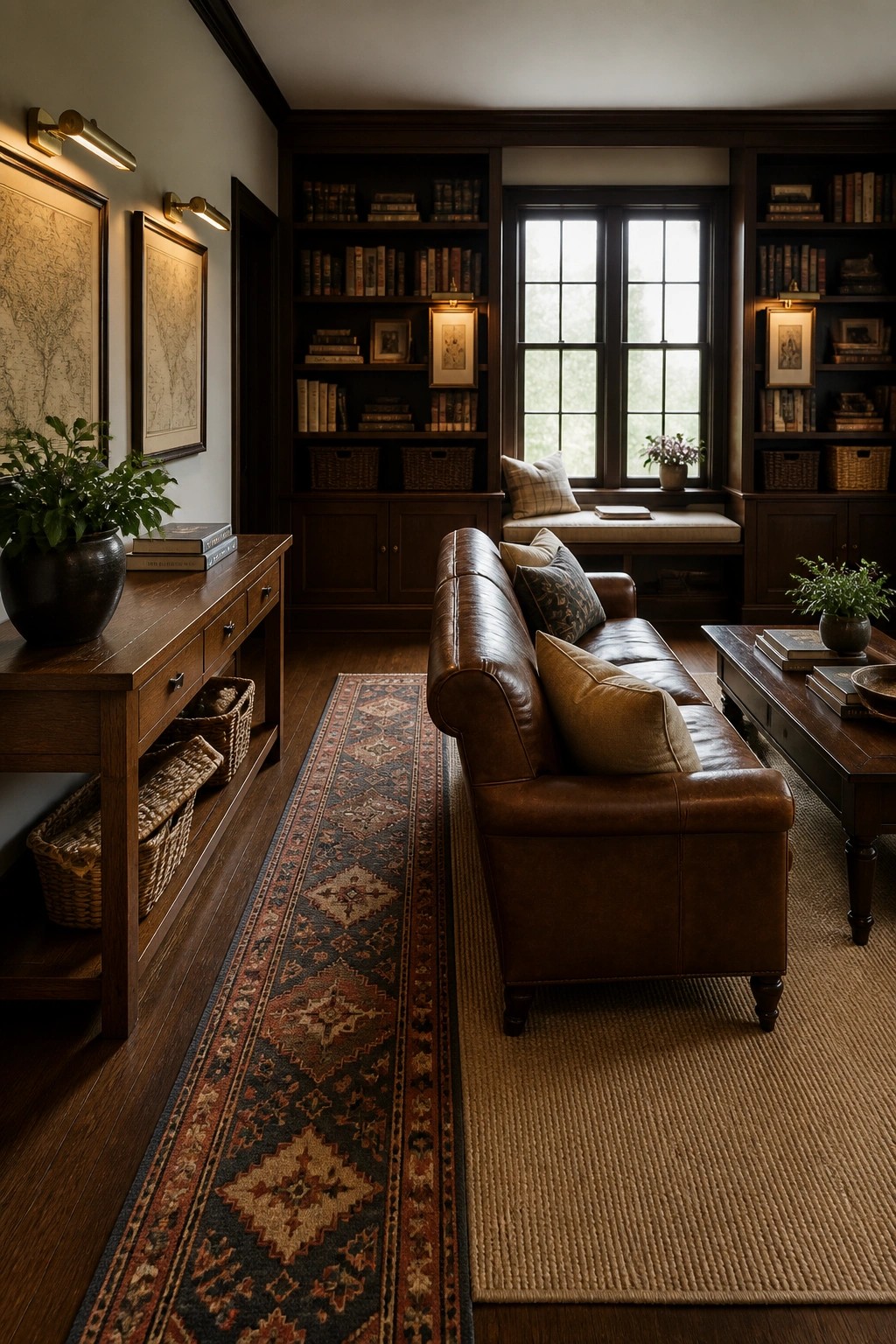 A masculine living room with a brown leather sofa, dark built-in bookshelves, a long patterned runner rug on hardwood floors, and a wooden console table holding books and a potted plant.