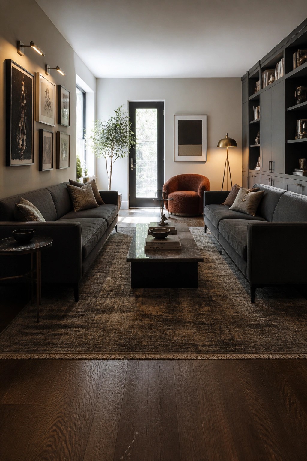 A living room with two dark gray sofas facing each other across a coffee table on a large rug, a tall dark bookshelf on the right wall, and an orange armchair near the back.