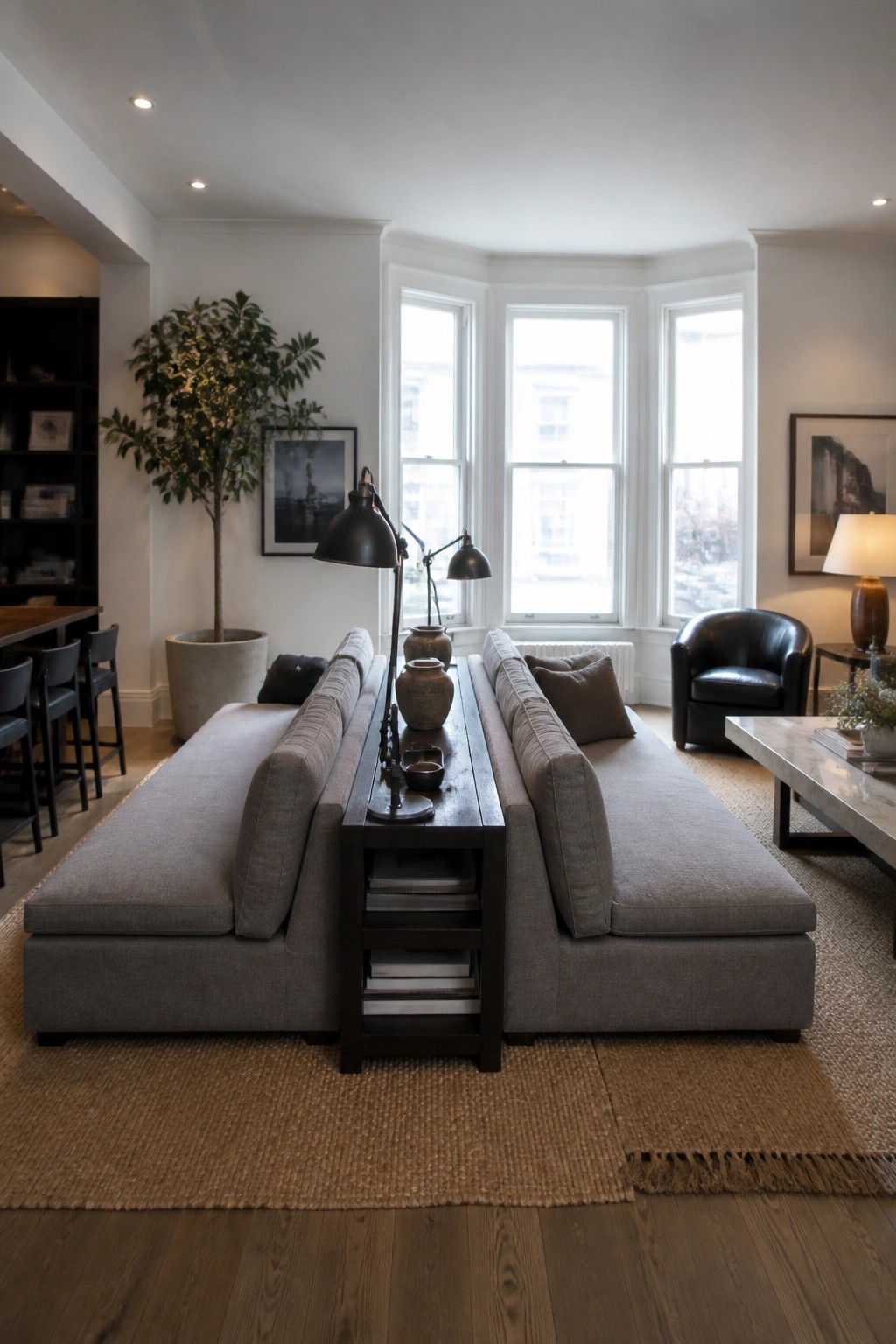 Gray sectional sofa in neutral living room with bay windows and leather chair