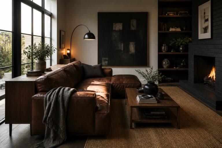 22 Functional Masculine Living Room Layout Ideas That Maximize Flow A living room featuring a brown leather sofa facing a wooden coffee table on a woven rug, with a fireplace on a dark brick wall and built-in shelves nearby.