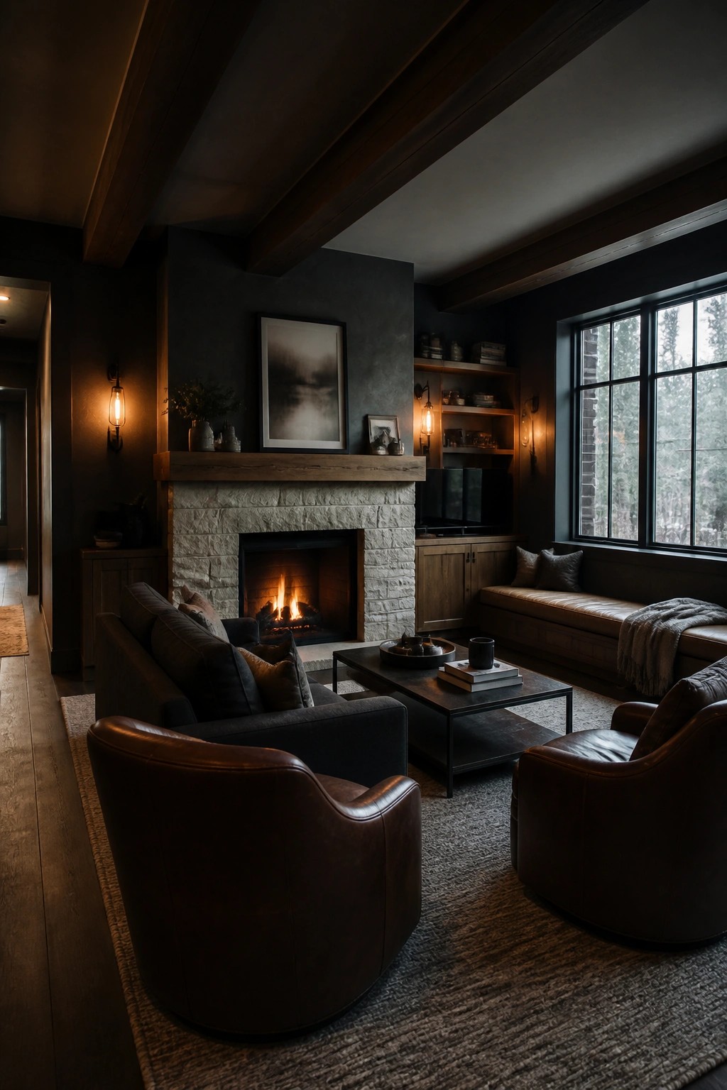 A dark masculine living room with a stone fireplace, two brown leather armchairs, a dark sofa, and a coffee table arranged on a large area rug.