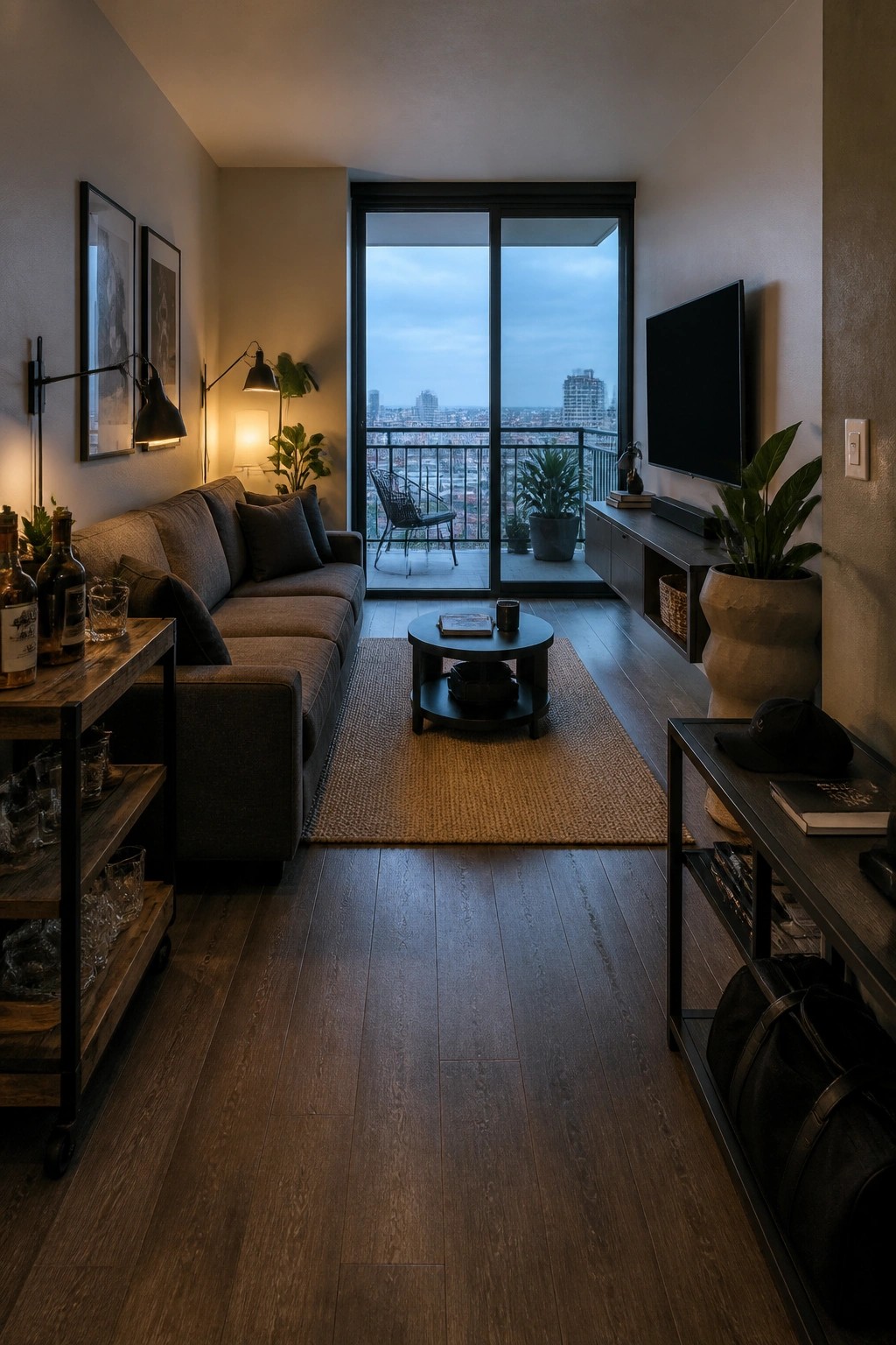 A living room with a long gray sofa against the left wall, a round coffee table on a woven rug in the center, and a wall-mounted TV on the right, with sliding glass doors open to a balcony at the far end.