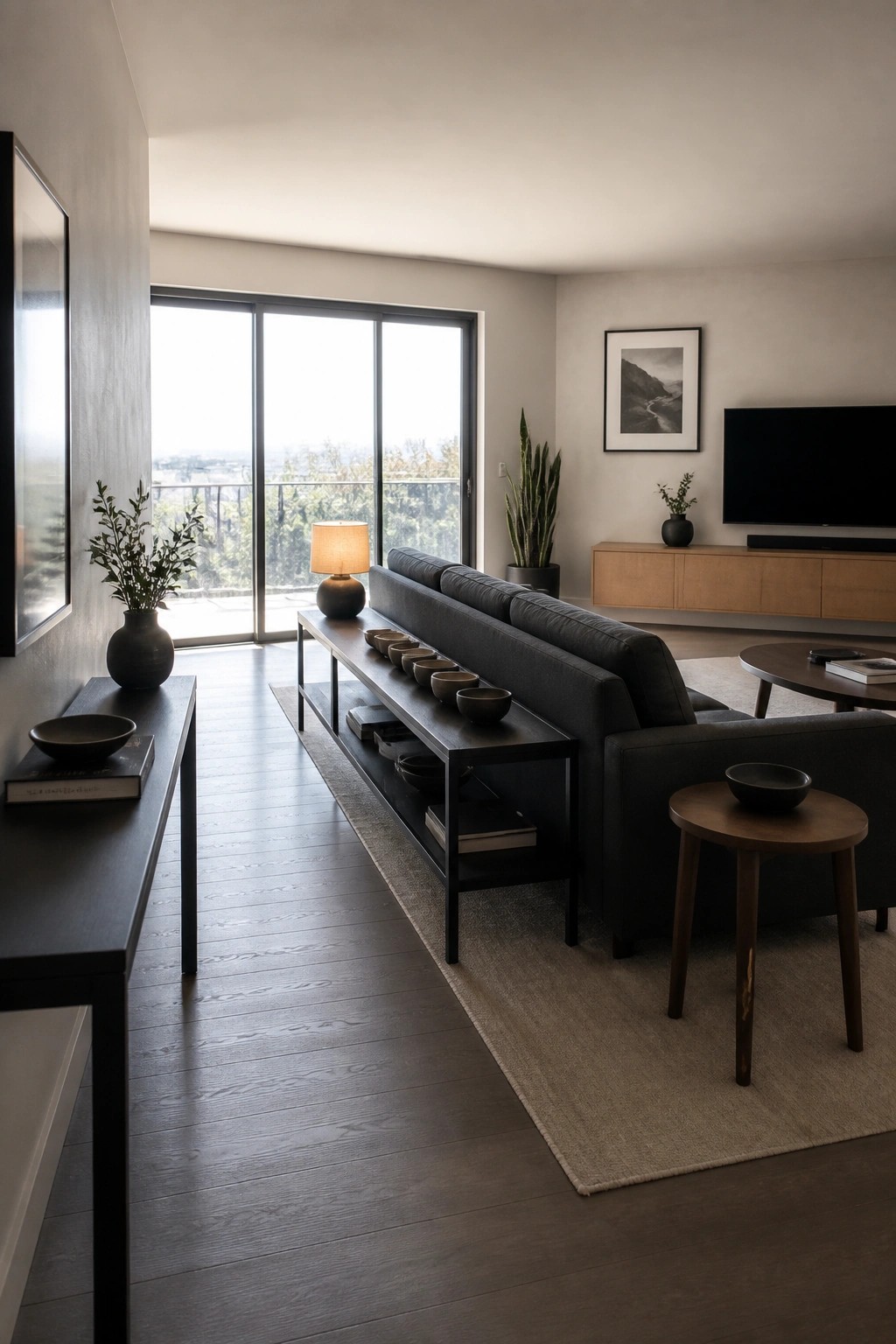 A modern living room featuring a dark gray sofa with a long black console table behind it holding small bowls, set against large sliding glass doors.