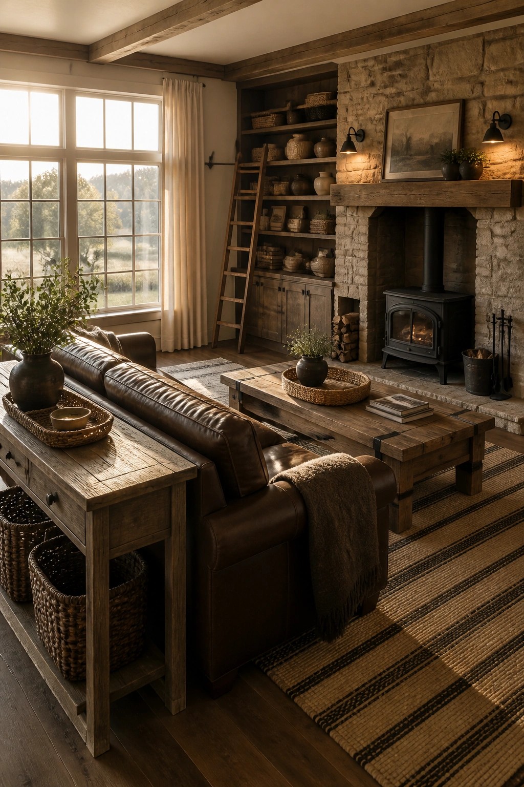 A masculine living room with a brown leather sofa, wooden console table behind it, striped rug, coffee table, and stone fireplace with wood stove.