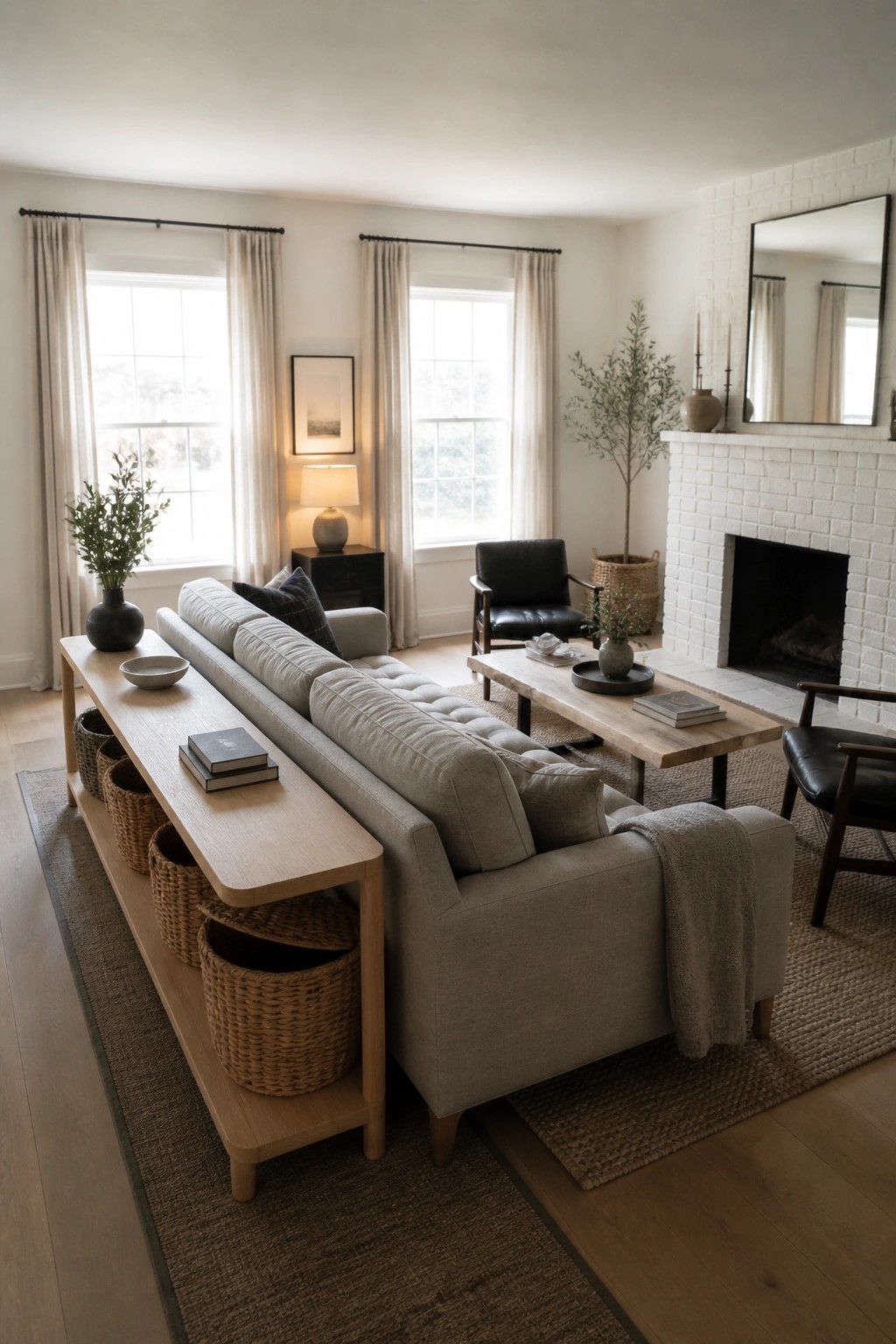 Cozy neutral living room with gray sofa, wooden tables, black chairs, and white fireplace.