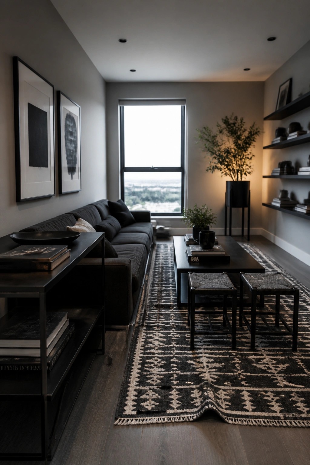 Modern living room with dark sofa, patterned rug, black tables, and city-view window.