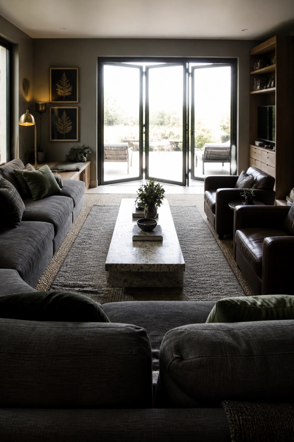 A masculine living room with two dark gray sofas facing each other across a long stone coffee table on a large gray rug, leather armchairs to the right, and open glass doors at the far end.