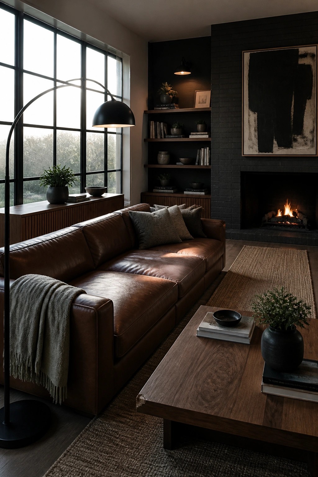 A living room featuring a brown leather sofa facing a wooden coffee table on a woven rug, with a fireplace on a dark brick wall and built-in shelves nearby.
