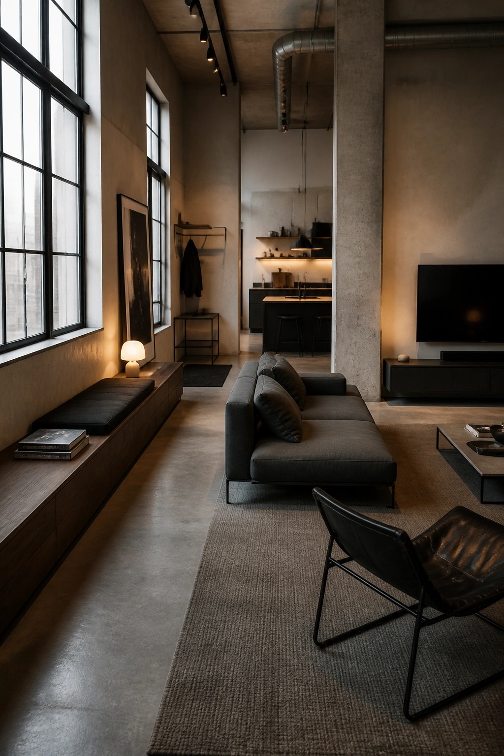 Modern industrial loft with gray sectional sofa, leather chair, and concrete walls