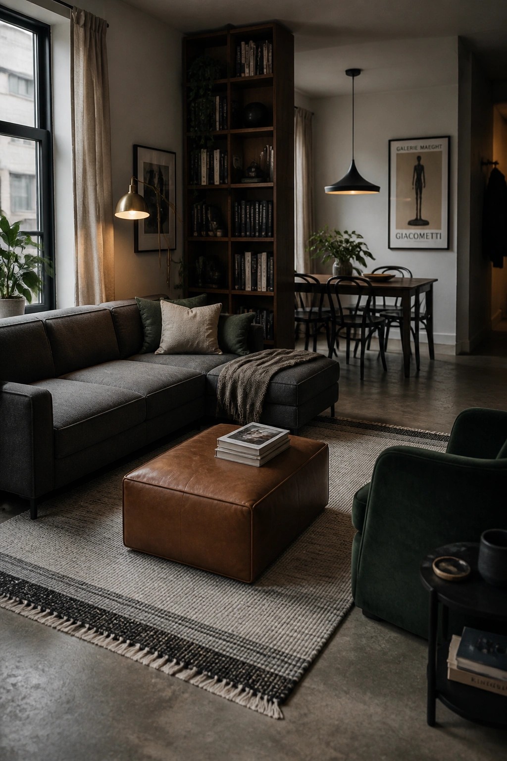 A living room with a gray L-shaped sectional sofa, brown leather ottoman with stacked books, tall wooden bookshelf, and a dining table visible in the background.