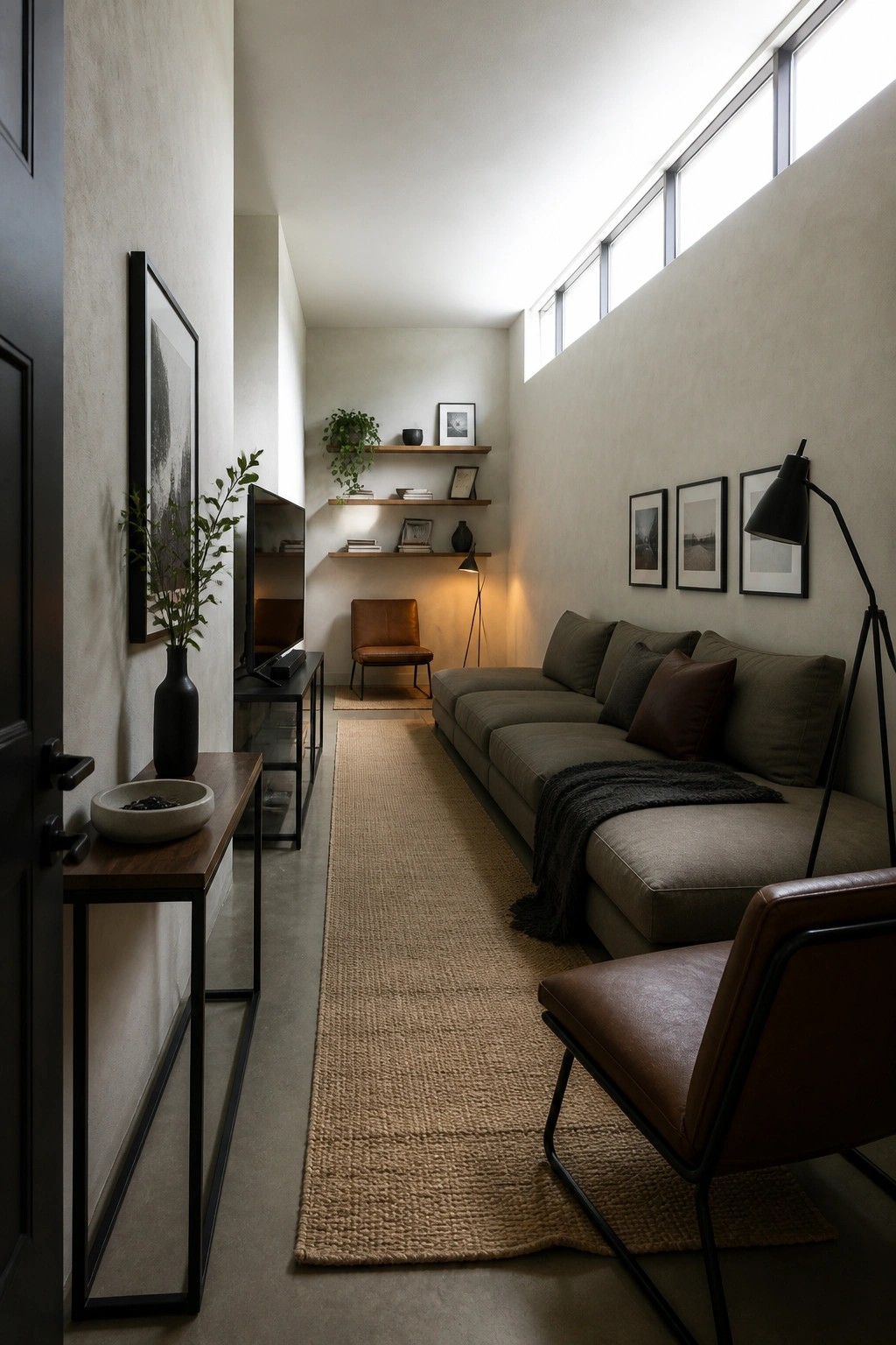 A narrow living room with a long beige runner rug, a gray sectional sofa on the right, and a brown leather chair in the foreground.