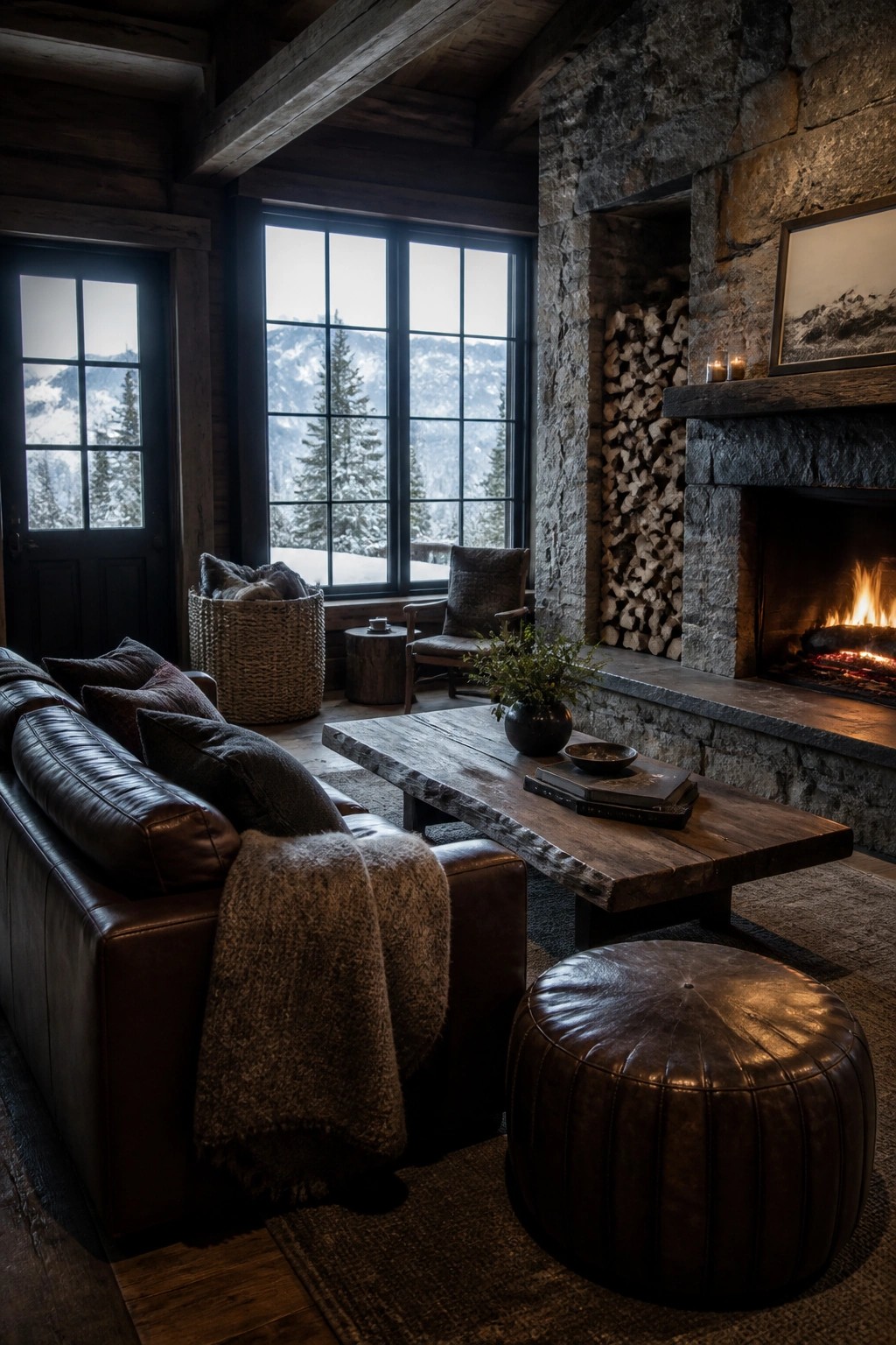 Cozy rustic cabin with leather sofa, stone fireplace, wooden table, and snowy mountain views.