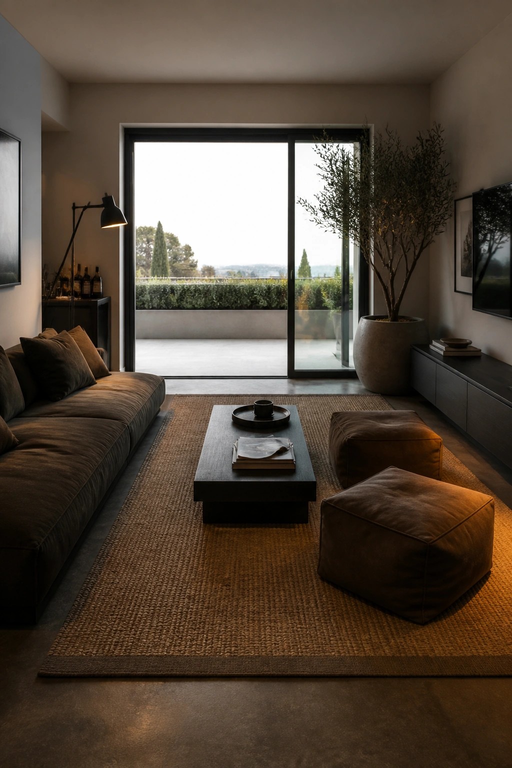 Modern living room with brown sofa, jute rug, coffee table, and potted tree by glass doors