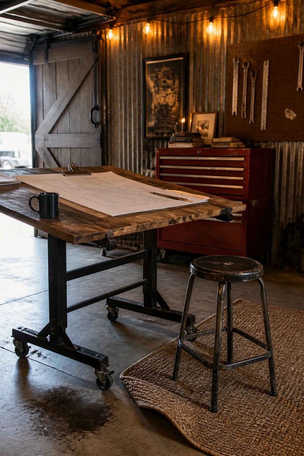 A wooden workbench on black metal rolling legs holds papers and a mug inside a garage-style room with a red tool chest and pegboard wall.