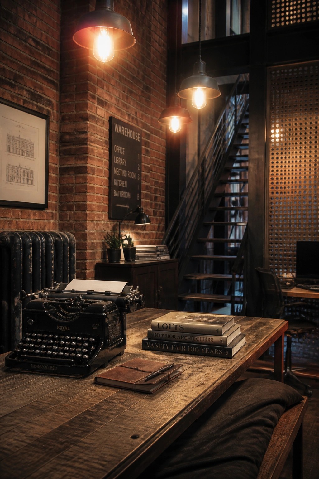 A wooden desk with a vintage typewriter and stacked books sits in front of a brick wall in an industrial office.