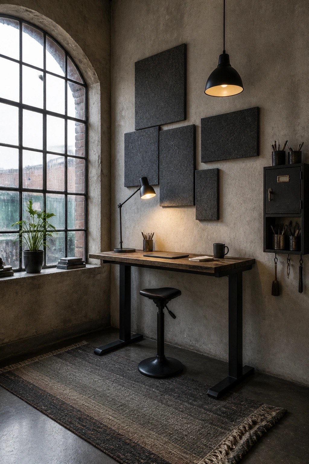 An industrial home office with a wooden desk on black metal legs, a black adjustable stool, gray acoustic panels on a concrete wall, a black pendant light, and a large arched window on the left.
