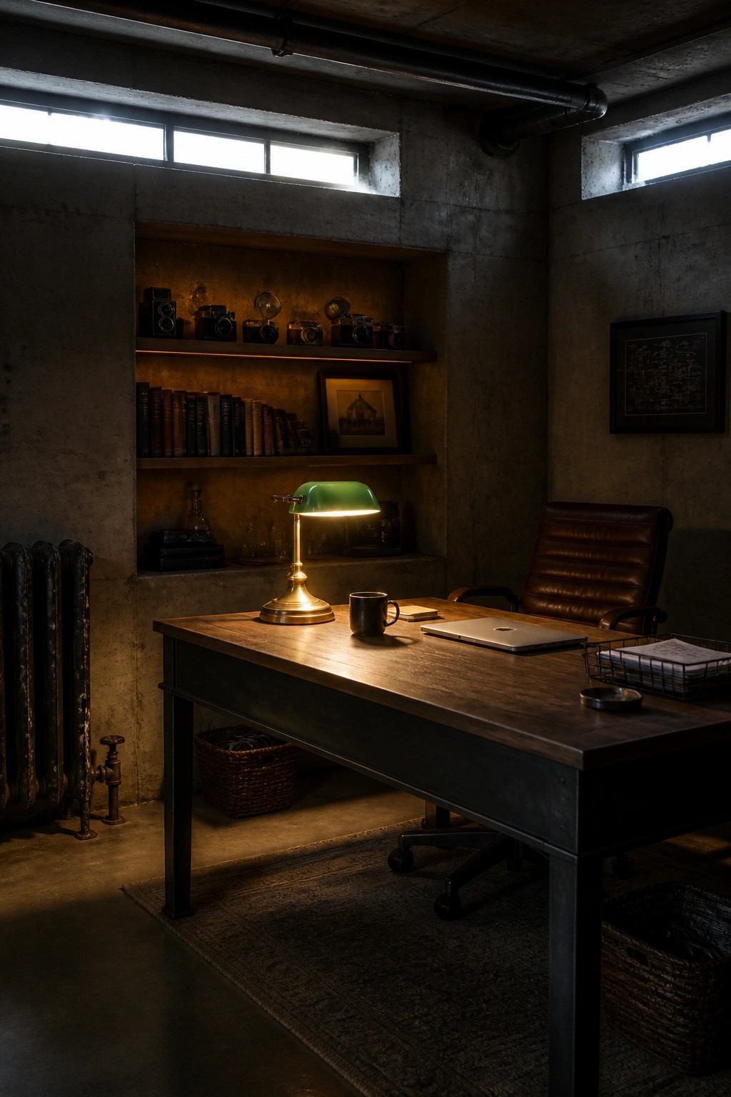 Dimly lit industrial office with wooden desk, green lamp, leather chair, and vintage cameras.