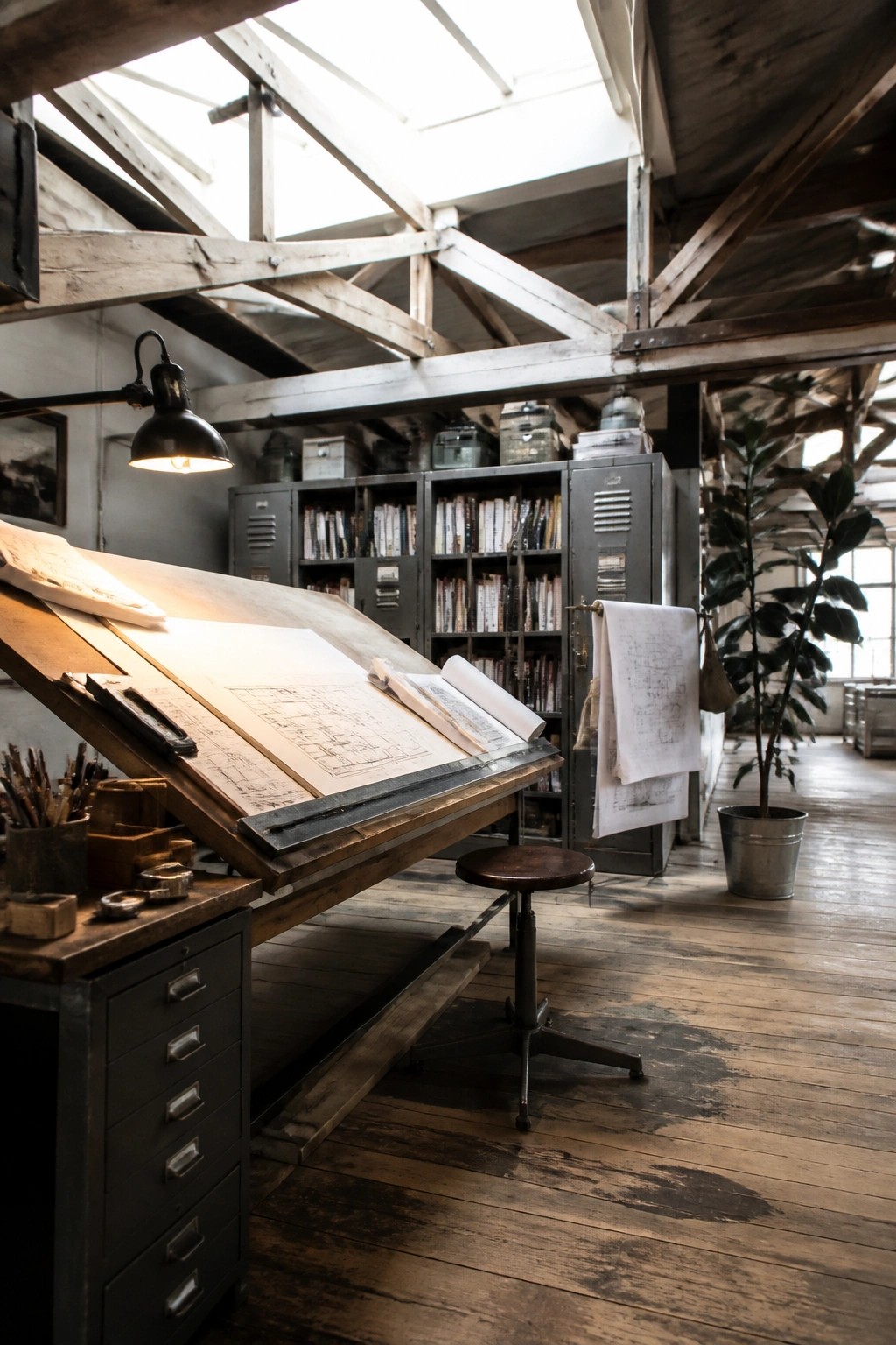 A large wooden drafting table with papers on top sits in an industrial room with metal lockers, a stool, and exposed ceiling beams.
