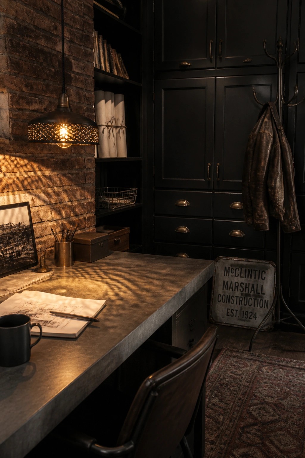 A home office featuring black built-in cabinets, an exposed brick wall, a concrete desk with drawings, a hanging industrial pendant light, and a leather chair.