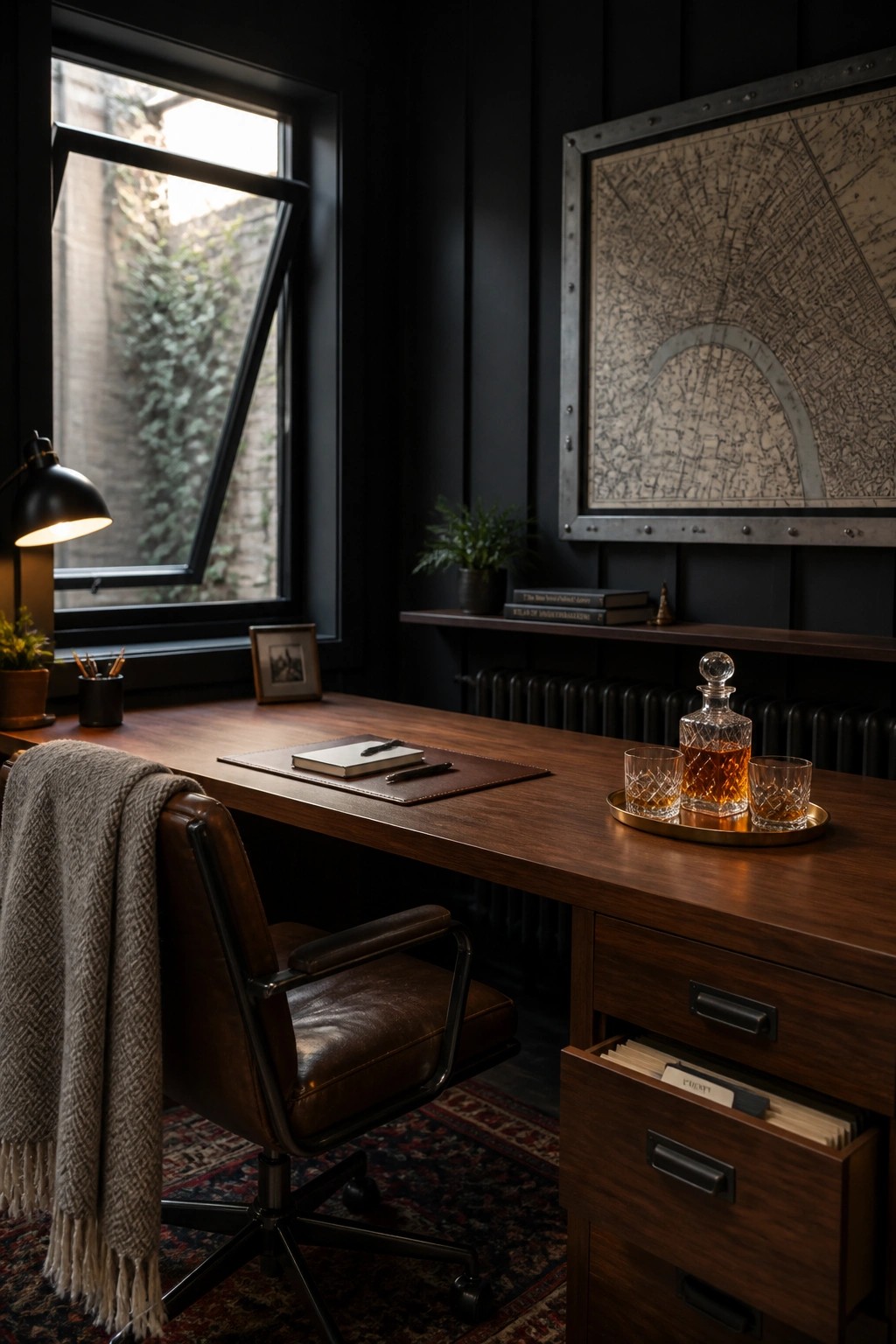 A home office with black walls, a large wooden desk, a brown leather office chair, and a large framed map above a floating shelf.