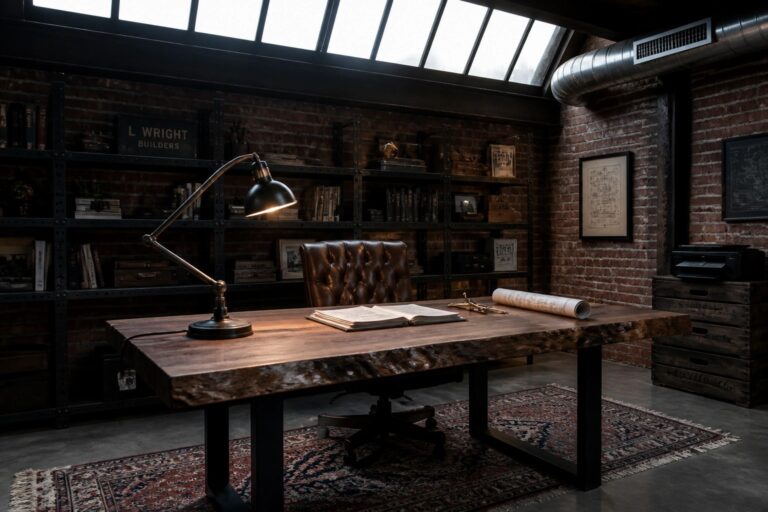 22 Industrial Masculine Home Office Ideas with Rugged Character An industrial home office shows a large live-edge wooden desk on a patterned rug, with a brown leather chair, black metal shelving units on a brick wall, and a skylight in the ceiling.