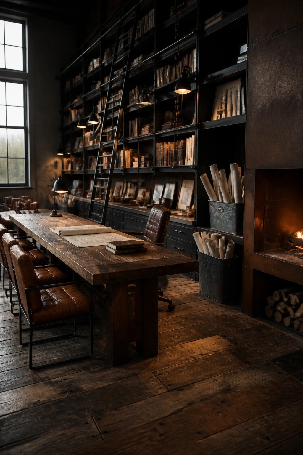 Dimly lit library with wooden table, leather chairs, bookshelves, ladder, and fireplace