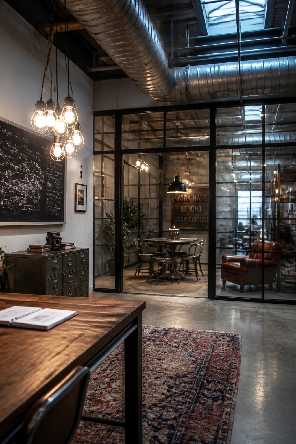 An industrial home office interior showing a wooden desk in the foreground and a glass-partitioned area with a round table, chairs, and a leather armchair beyond.