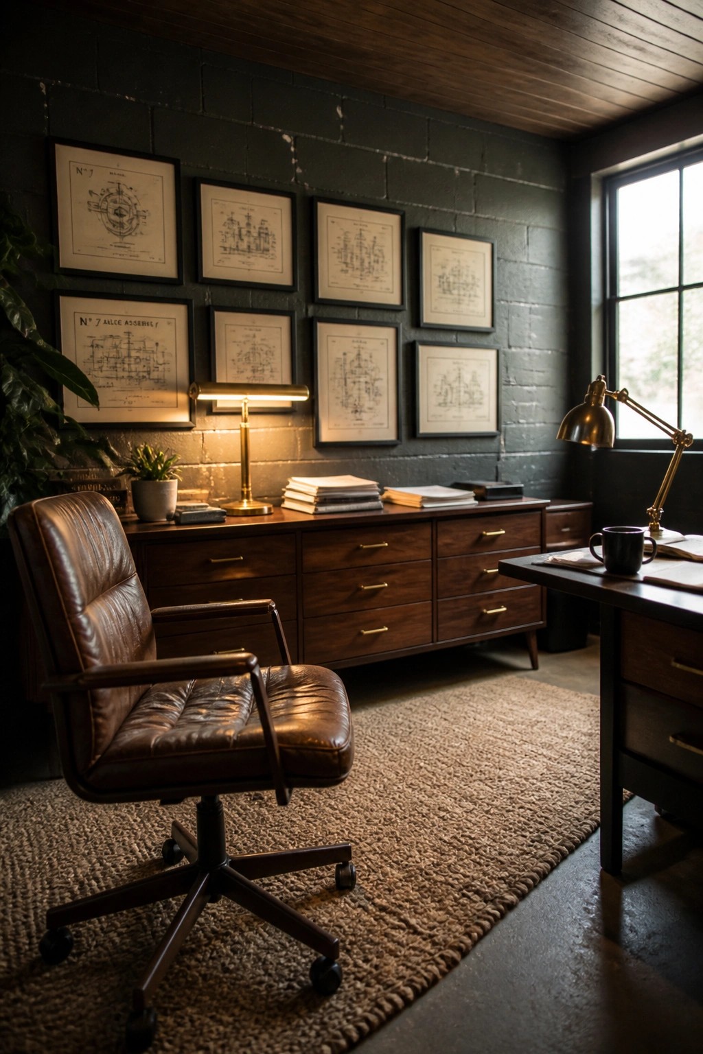 A masculine home office featuring a dark brick wall lined with framed technical drawings above a long wooden credenza and a brown leather swivel chair.