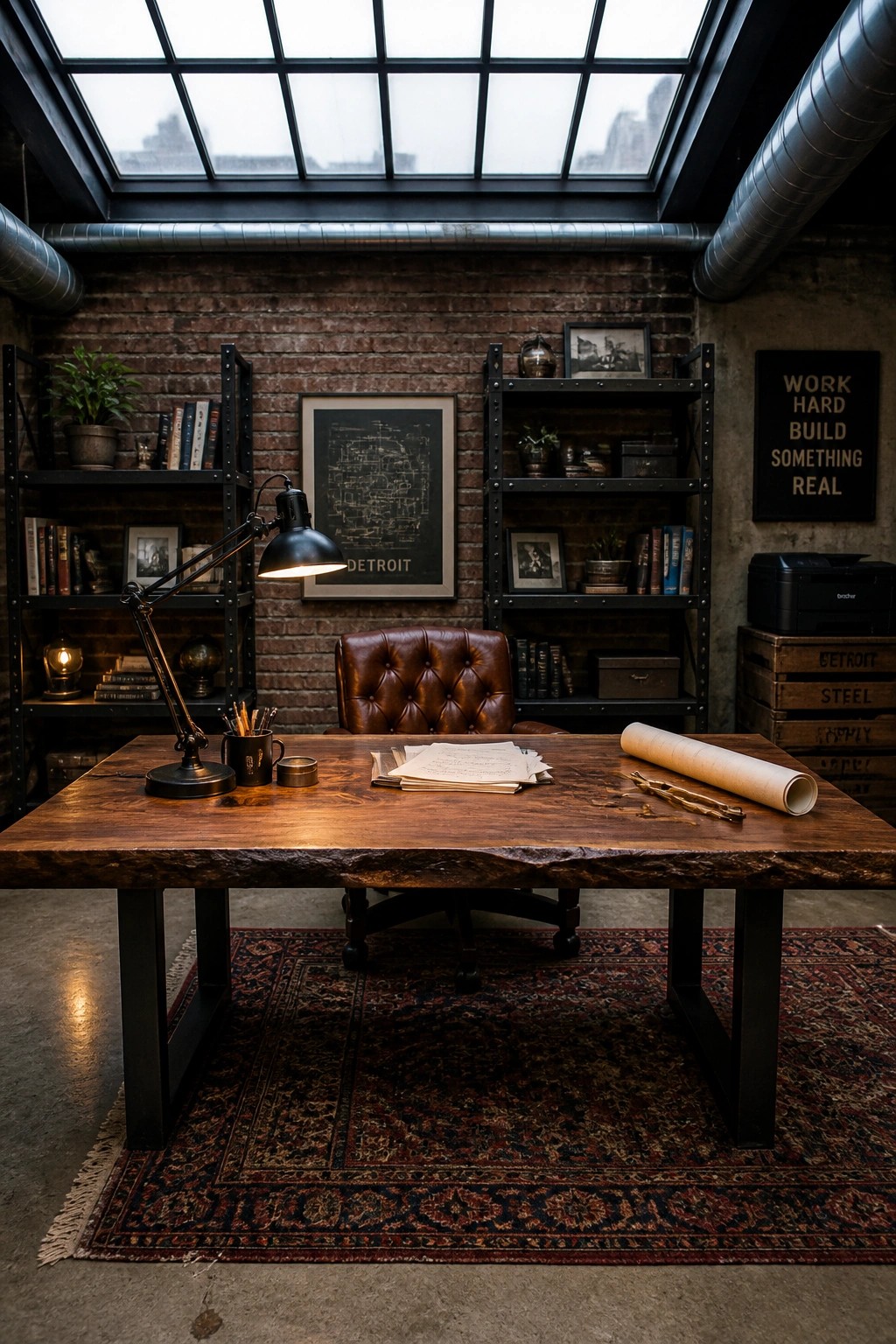 An industrial home office shows a large live-edge wooden desk on a patterned rug, with a brown leather chair, black metal shelving units on a brick wall, and a skylight in the ceiling.