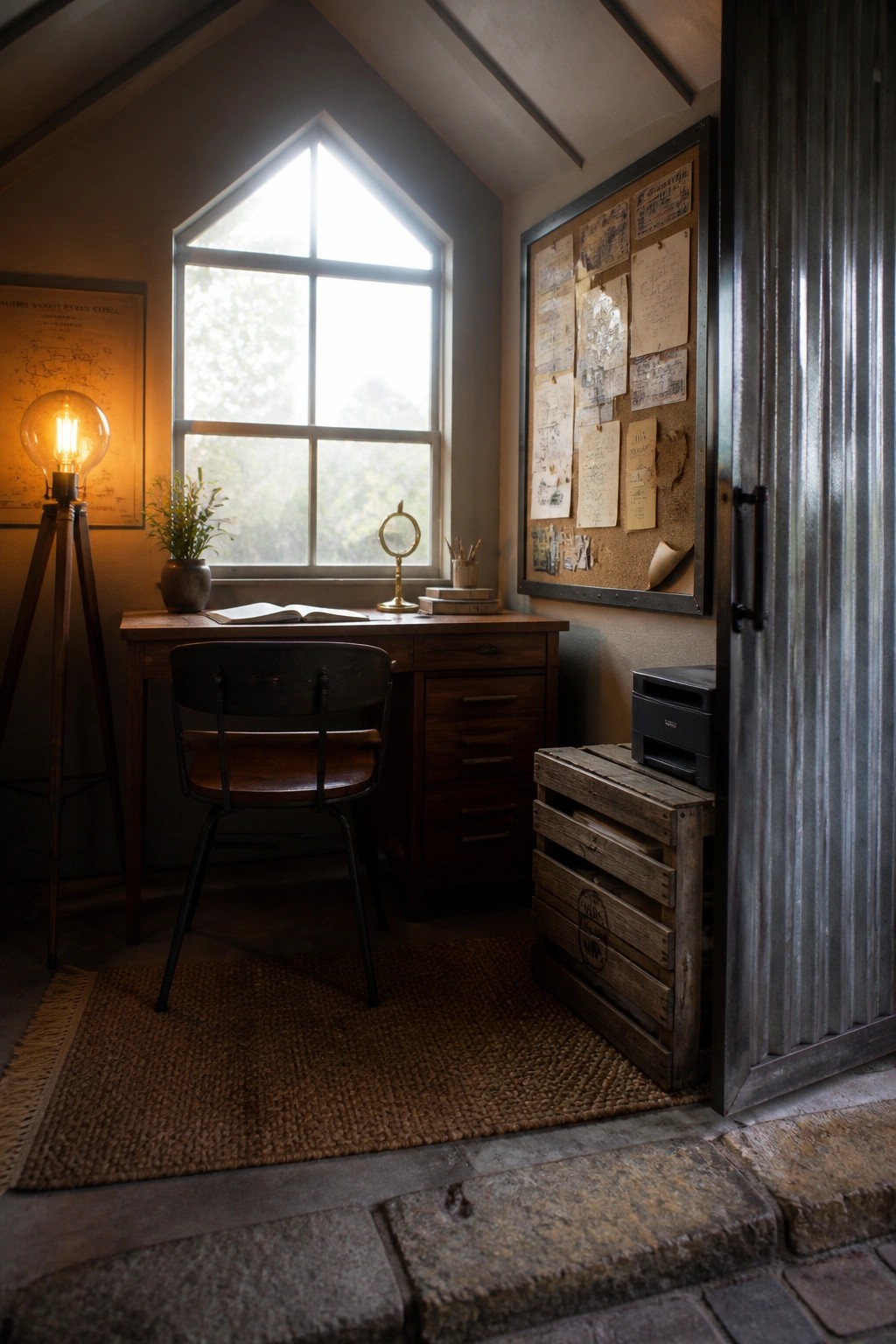 Rustic wooden desk and chair beneath arched window beside corkboard and crate.