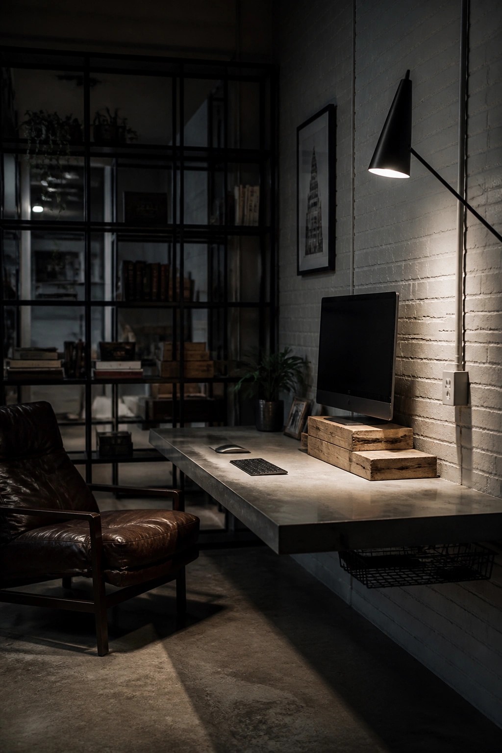 A home office featuring a floating concrete desk mounted to a white brick wall with a computer monitor on wooden blocks, a wall-mounted black lamp, and a brown leather armchair in front.