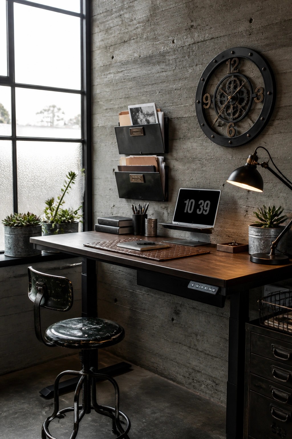 Industrial wooden desk with laptop, green stool, gear clock on concrete wall