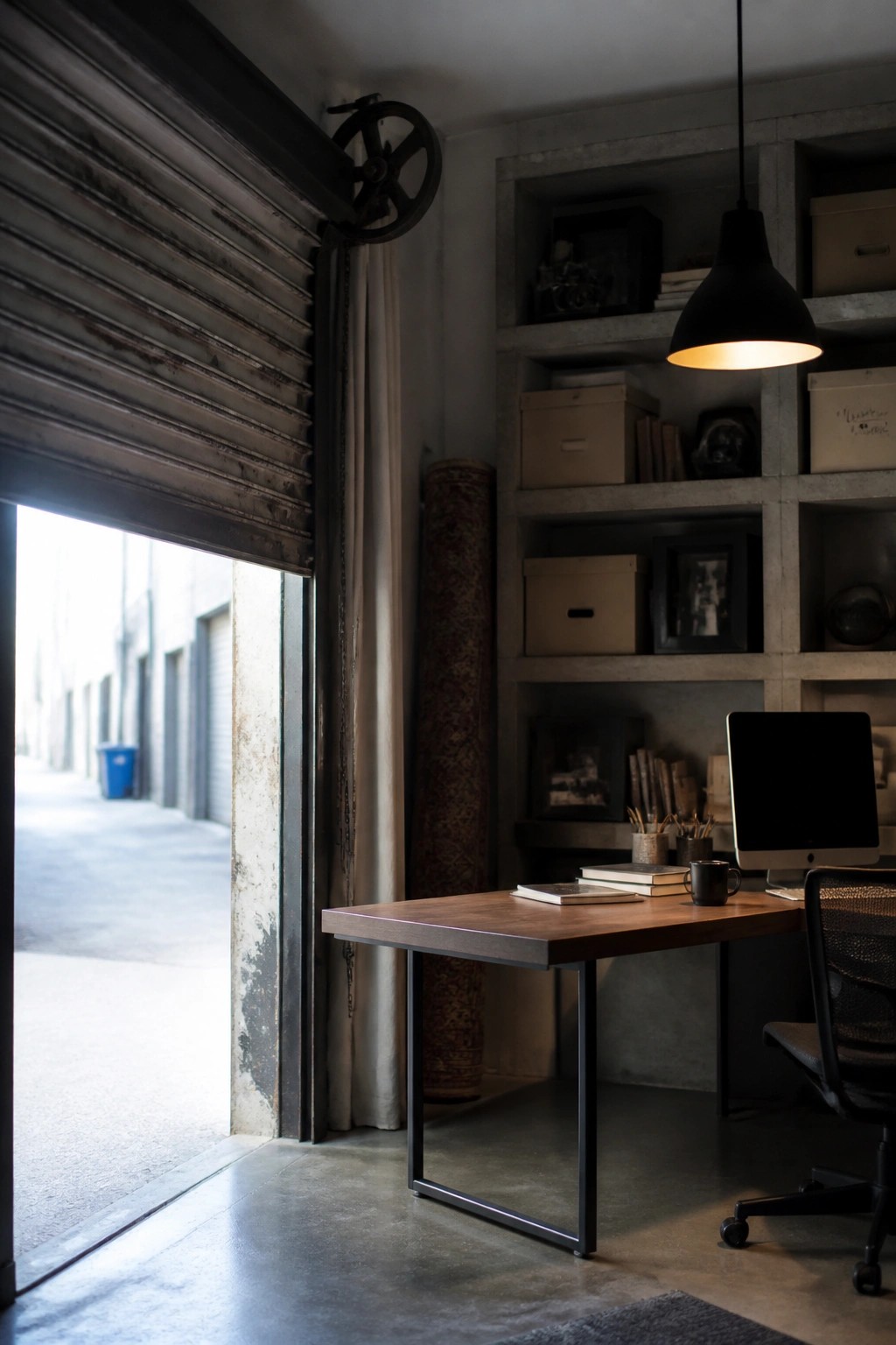A home office interior with a wooden desk, computer monitor, and built-in concrete shelving beside a partially open industrial roll-up door.