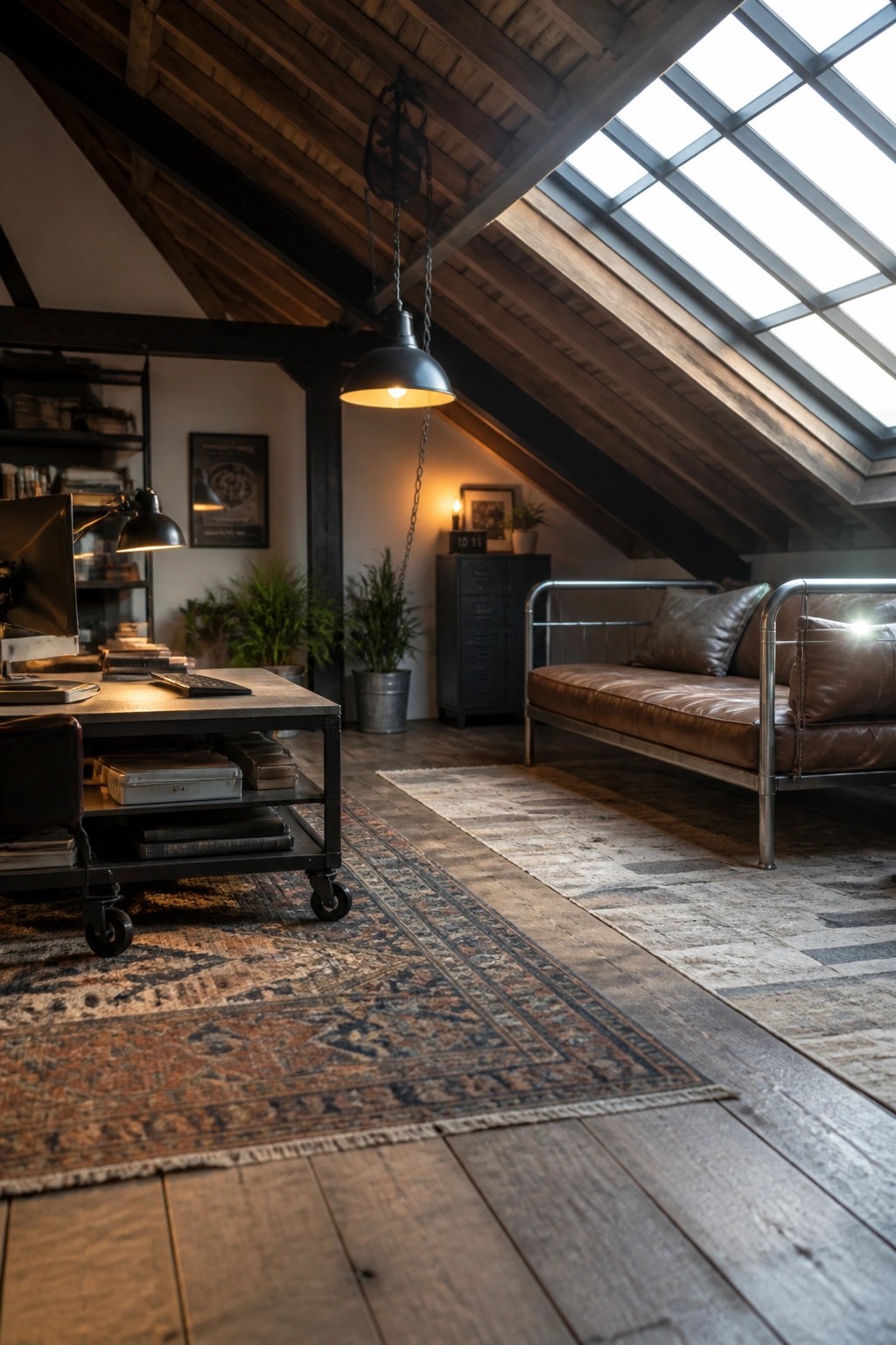 An attic-style home office with a rolling metal desk holding a computer, a brown leather sofa, wooden beams, and a skylight overhead.